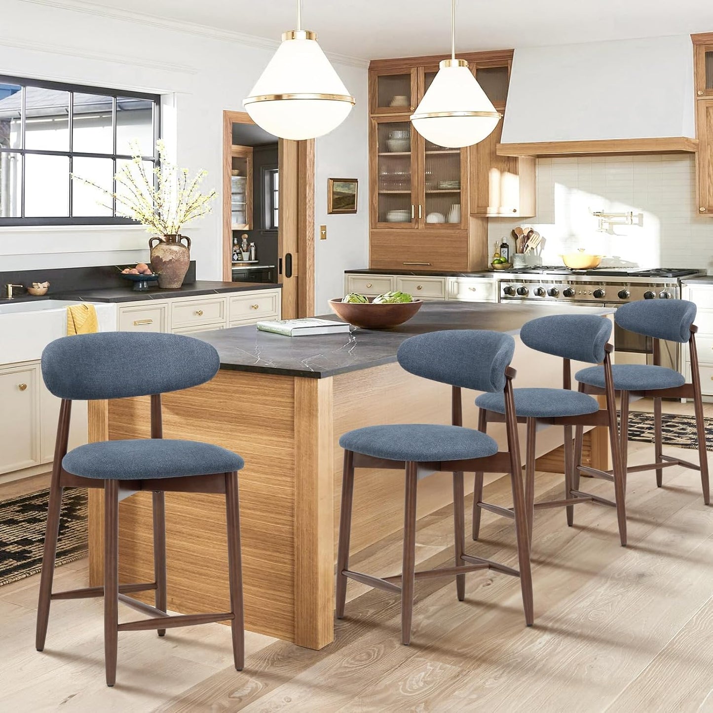 COLAMY Mid Century Modern Bar Stools Set of 4, Counter Height, Blue Fabric Upholstered Wooden Barstools with Back, 25 Inch