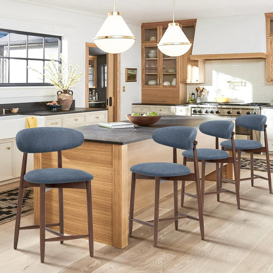 COLAMY Mid Century Modern Bar Stools Set of 4, Counter Height, Blue Fabric Upholstered Wooden Barstools with Back, 25 Inch