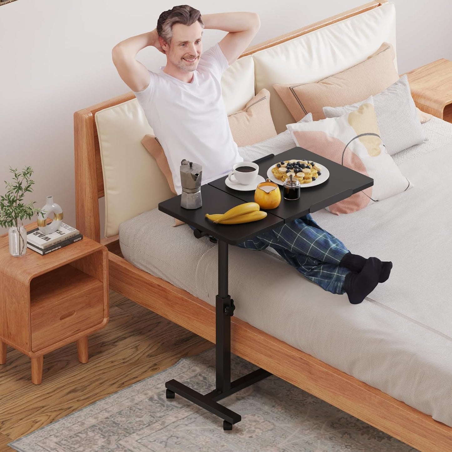 Over The Bed Table with Wheels Rolling Cart Tilting Sofa Laptop Stands Hospital Tray Medical Overbed Table (Black)