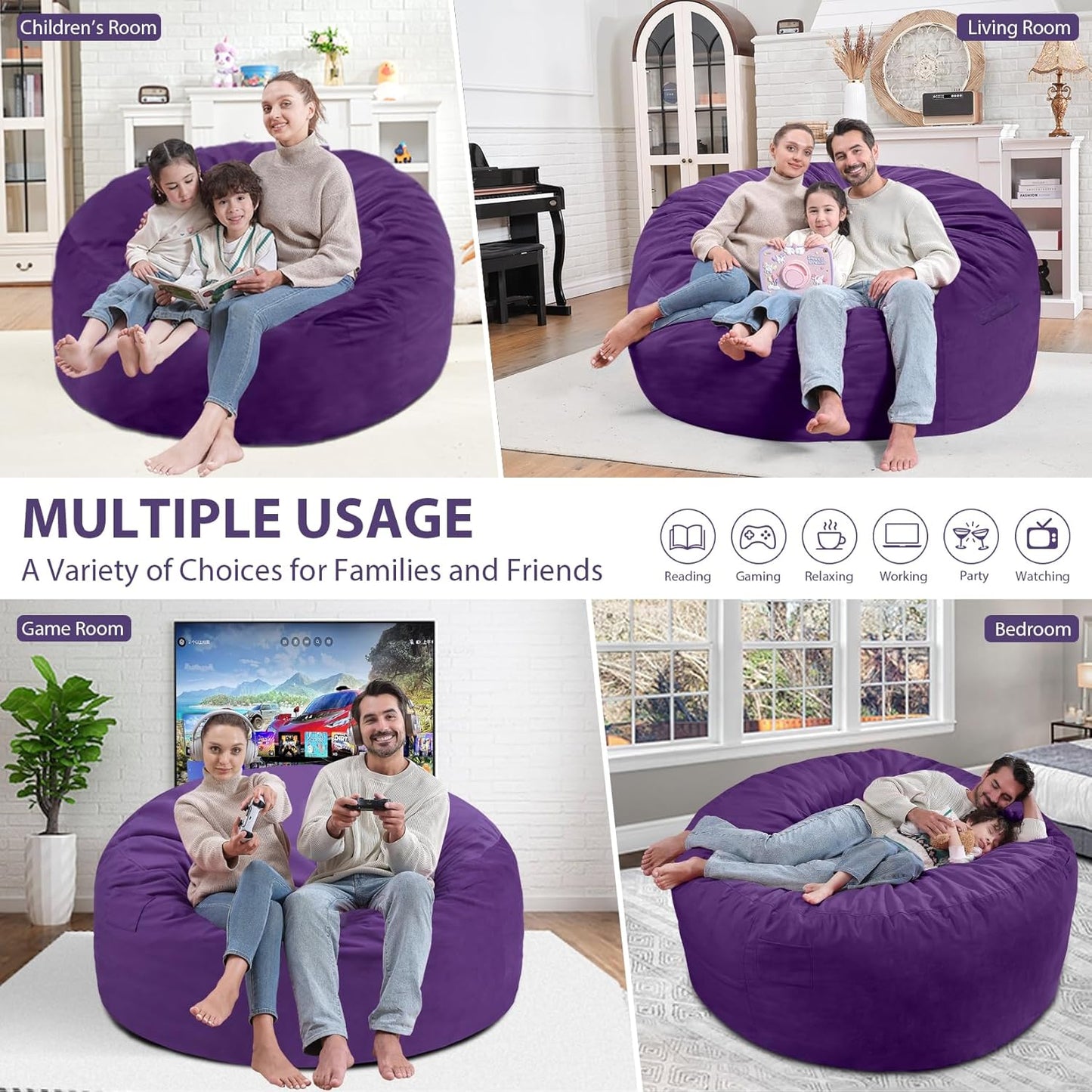 5FT Bean Bag Chair, Large Bean Bag Chairs with Memory Foam Filled, Fluffy Beanbag Sofa with Dutch Velvet Cover, Round BeanBag Chairs for Living Room, Playroom - Purple