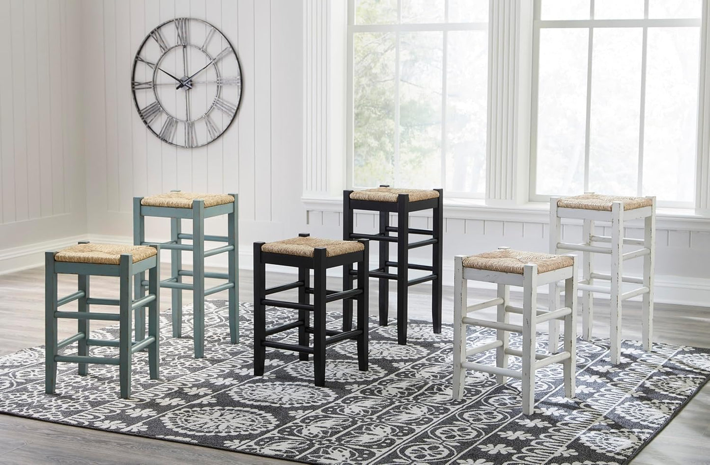 Signature Design by Ashley Mirimyn Farmhouse 23.63" Counter Height Bar Stool with Woven Wicker Seats, 2 Count, Black & Light Brown