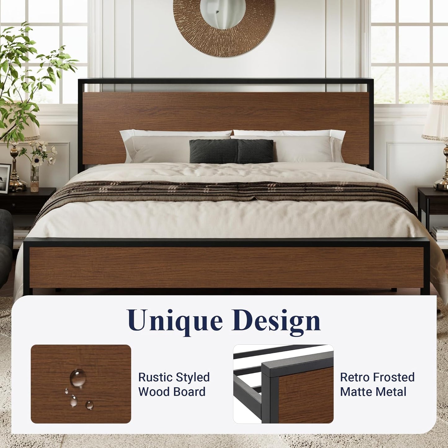 Allewie King Size Platform Bed Frame with Wooden Headboard and Footboard, Heavy Duty 12 Metal Slats Support, No Box Spring Needed, Under-Bed Storage, Noise Free, Easy Assembly, Walnut