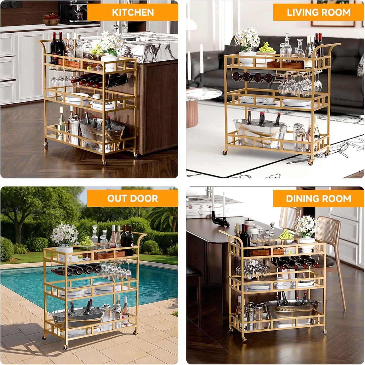 TONGMO Gold Bar Carts with 3 Tier Mirror Shelves, Home Bar Cart with Wine Rack and Glass Holder, Perfect for Indoor and Outdoor Use, Stylish and Functional Kitchen and Entertainment Space Addition