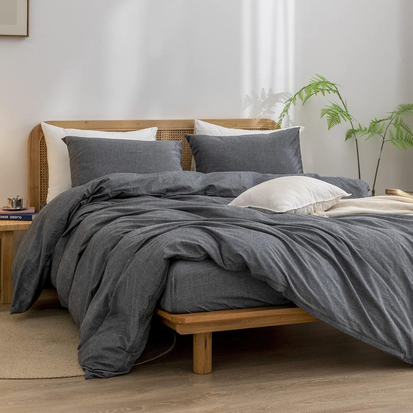 BESTOUCH Duvet Cover Set 100% Washed Cotton Linen Feel Super Soft Comfortable Chic Lightweight 3 PCs Home Bedding Set Solid Dark Black King