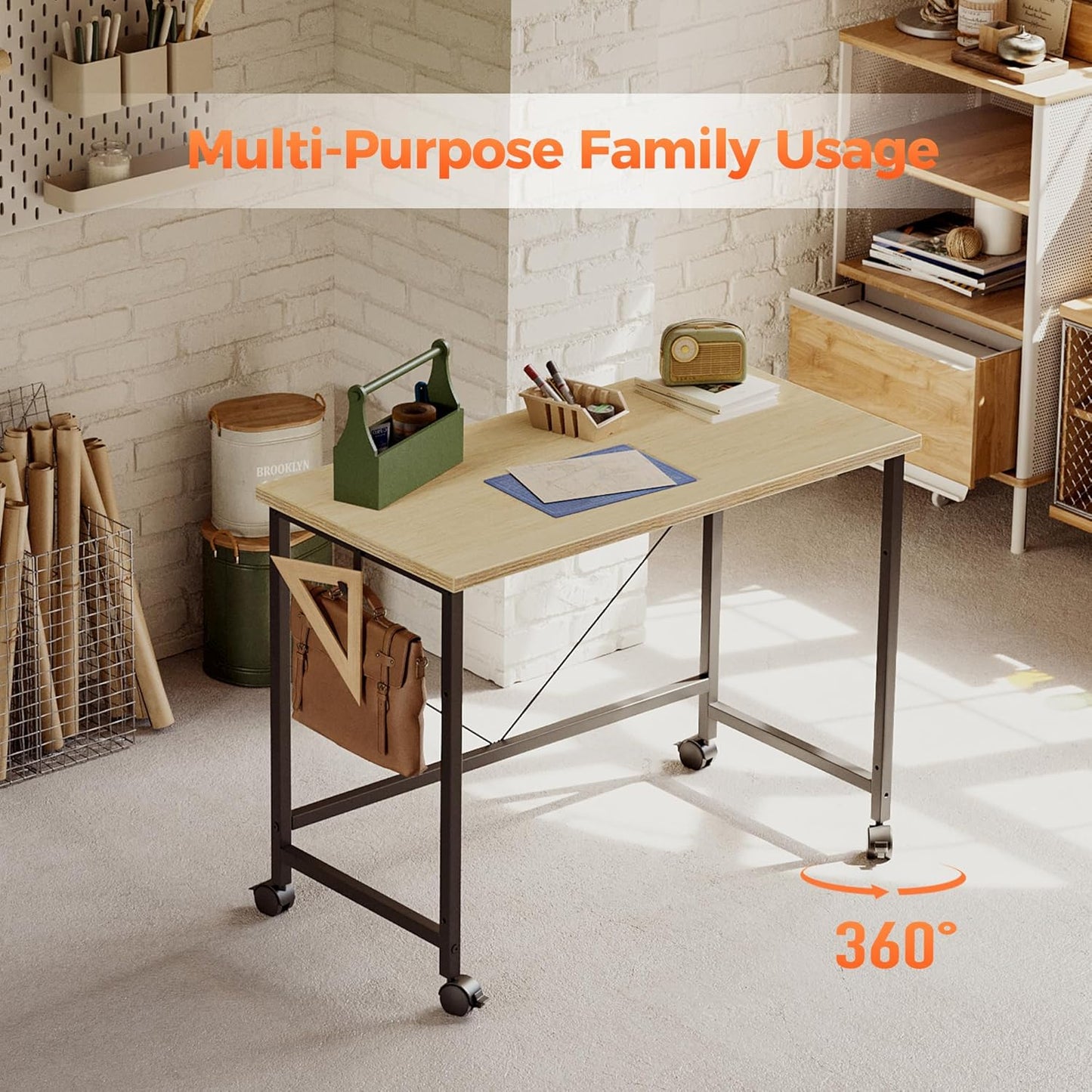 Rolling Computer Desk with Wheels, Gaming Desk for Small Spaces, Modern Simple Style Table for Home Office, Study Writing Table (Caster, Oak, 24 inch)