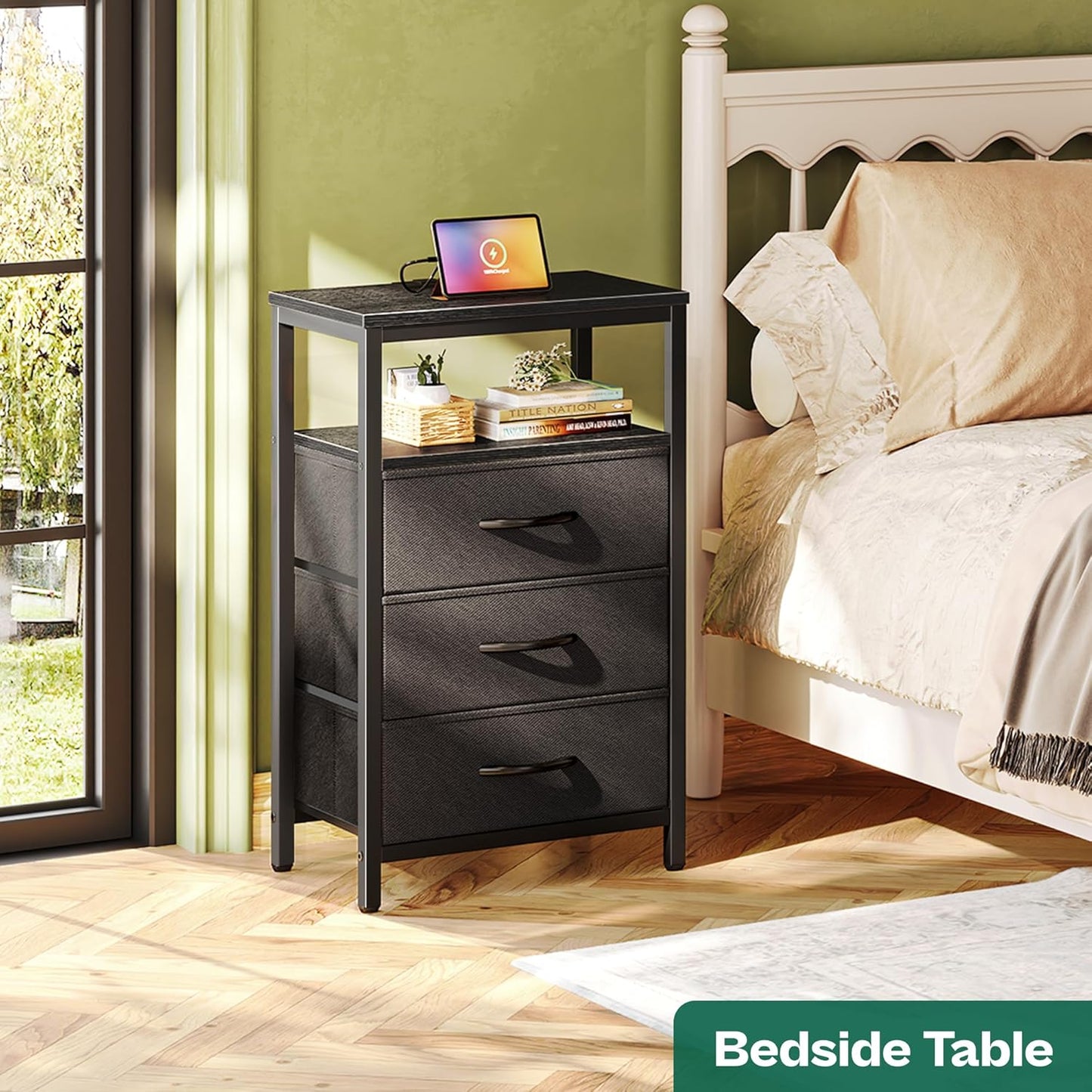 Huuger Nightstands Set of 2, 27.6 Inch End Tables with Charging Station, Bed Side Tables with Fabric Drawers, USB-C Port and Outlet, Night Stands for Bedroom, Black