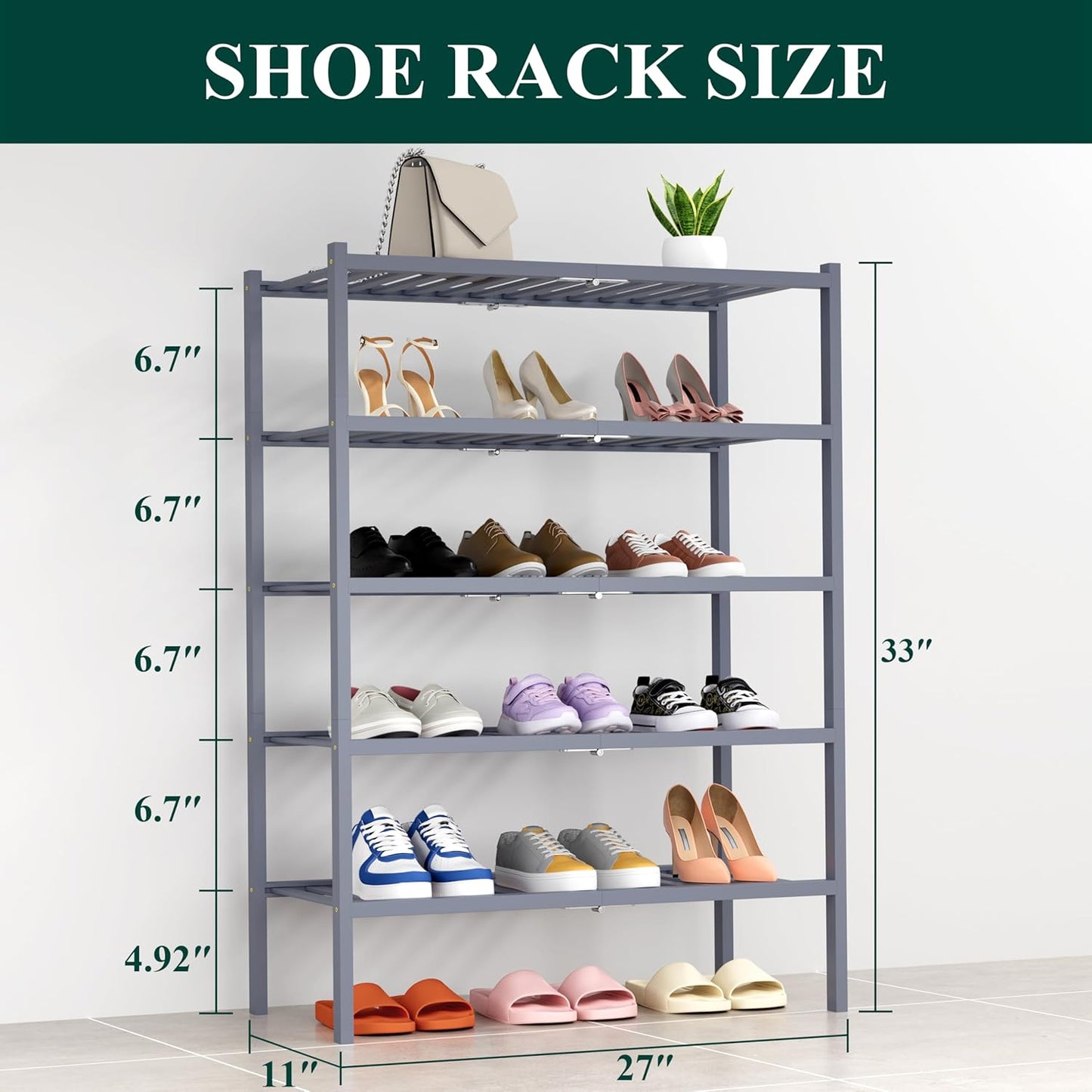 Smiry Shoe Rack, 5 Tier Thick Bamboo Shoe Organizer, Stackable Free Standing Wooden Shoe Storage Shelf for Closet, Entryway, Front Door Entrance, Grey