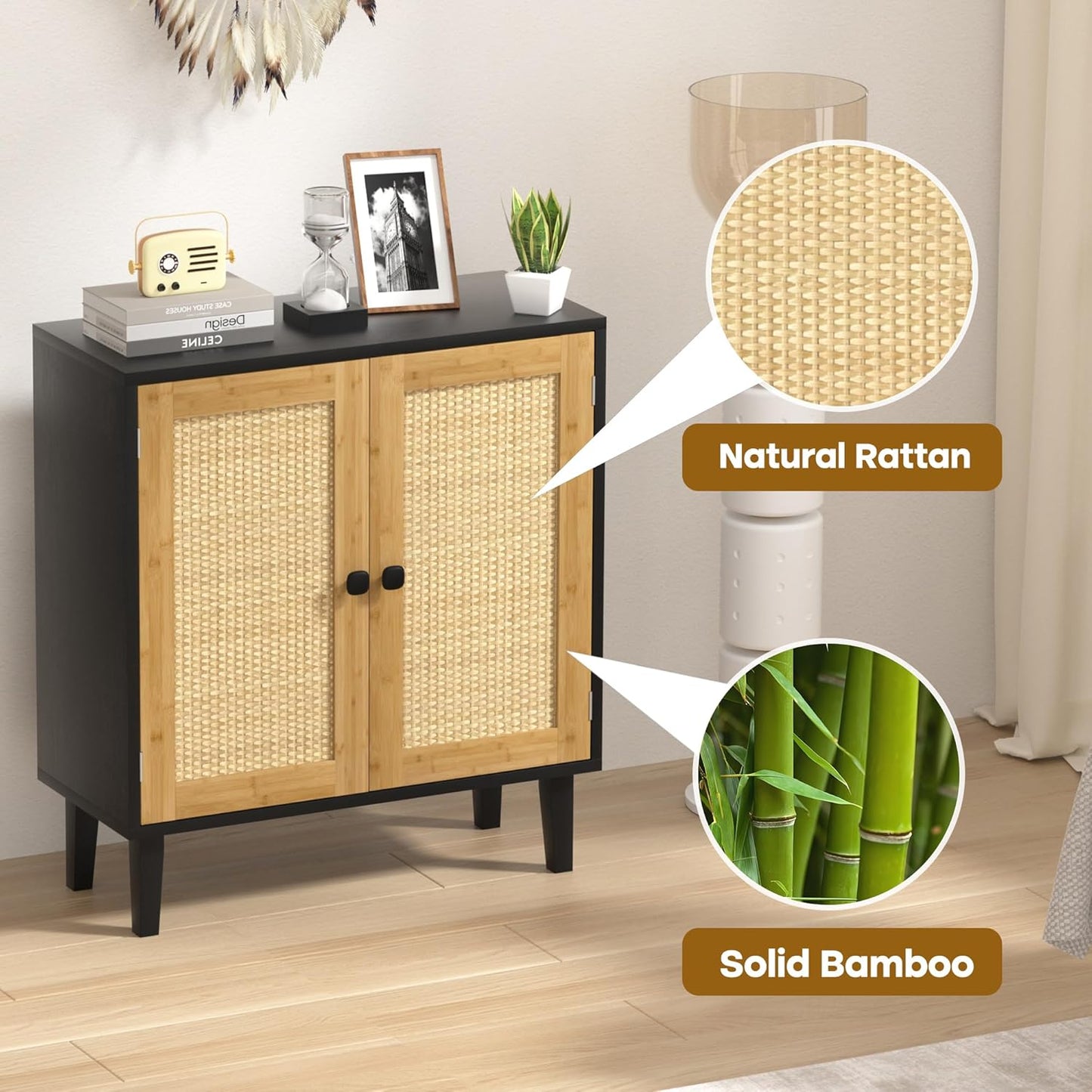 Bamboo Sideboard Buffet Cabinet with Rattan 2 Doors Kitchen Cupboard Accent Entryway Living Room Cabinet Black