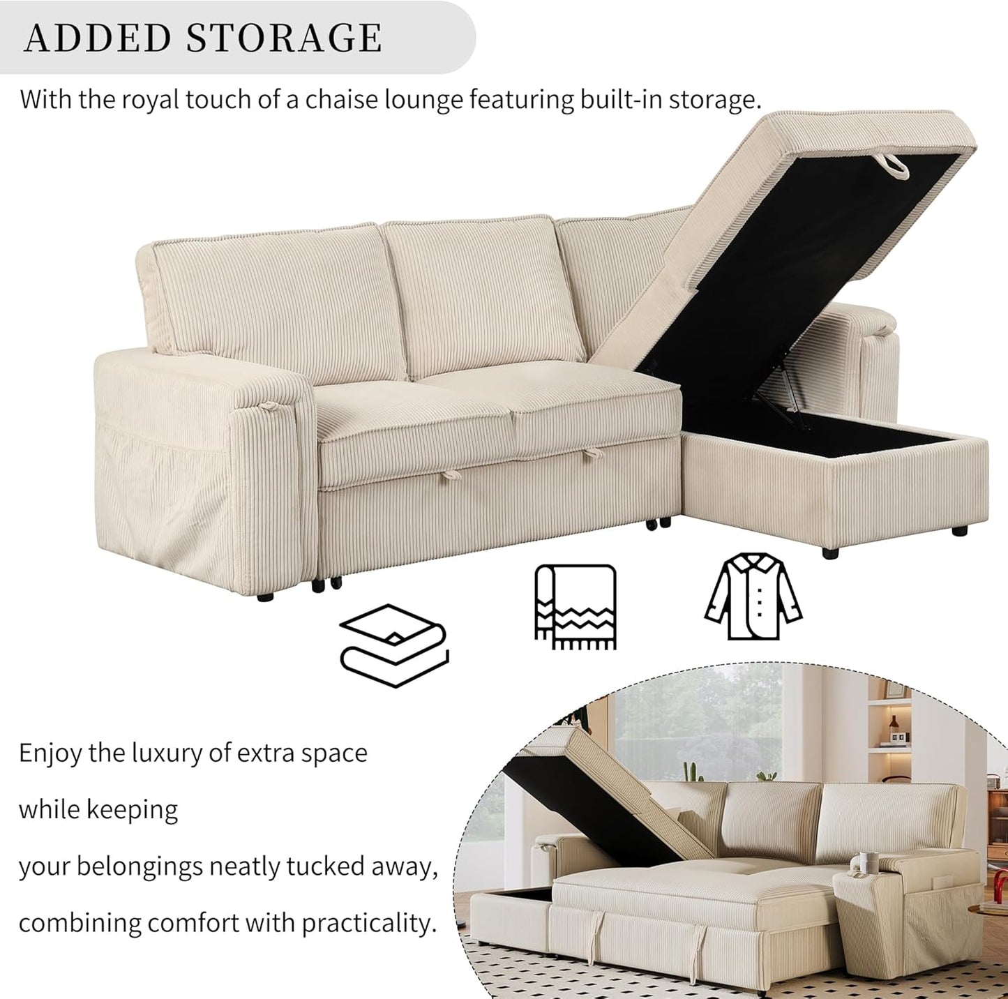 96.1 Inch L-Shaped Convertible Sectional Sleeper Sofa with Pull Out Bed, Storage Bags and 2 Hidden Cup Holders on Arms, Upholstered Corner Couch for Living Room Office Apartment, Beige