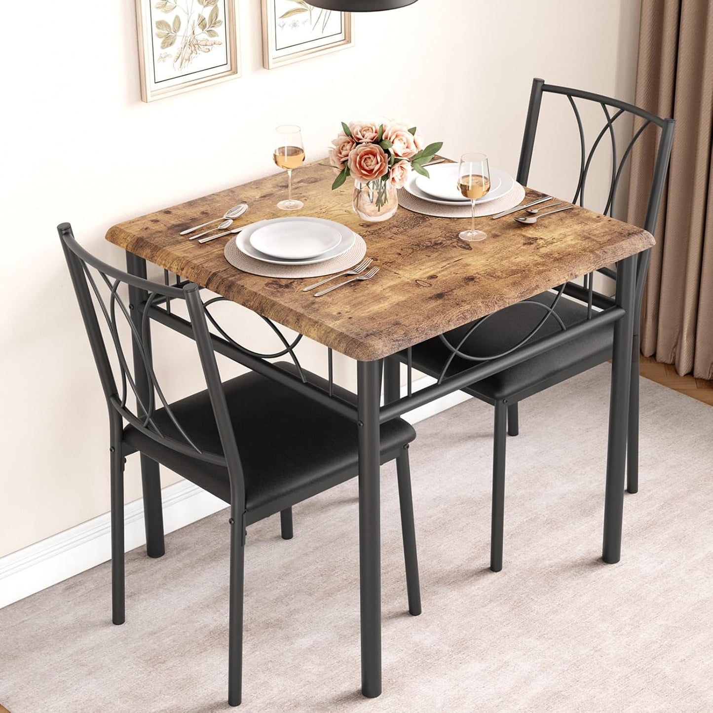 GarveeHome Small Dining Table Set for 2, Square Table and Chairs Set of 2, 3 Piece Kitchen Table Set of 2 with Upholstered Chairs, Dinner Table Set for 2 for Small Spaces, Apartment, Rustic Brown