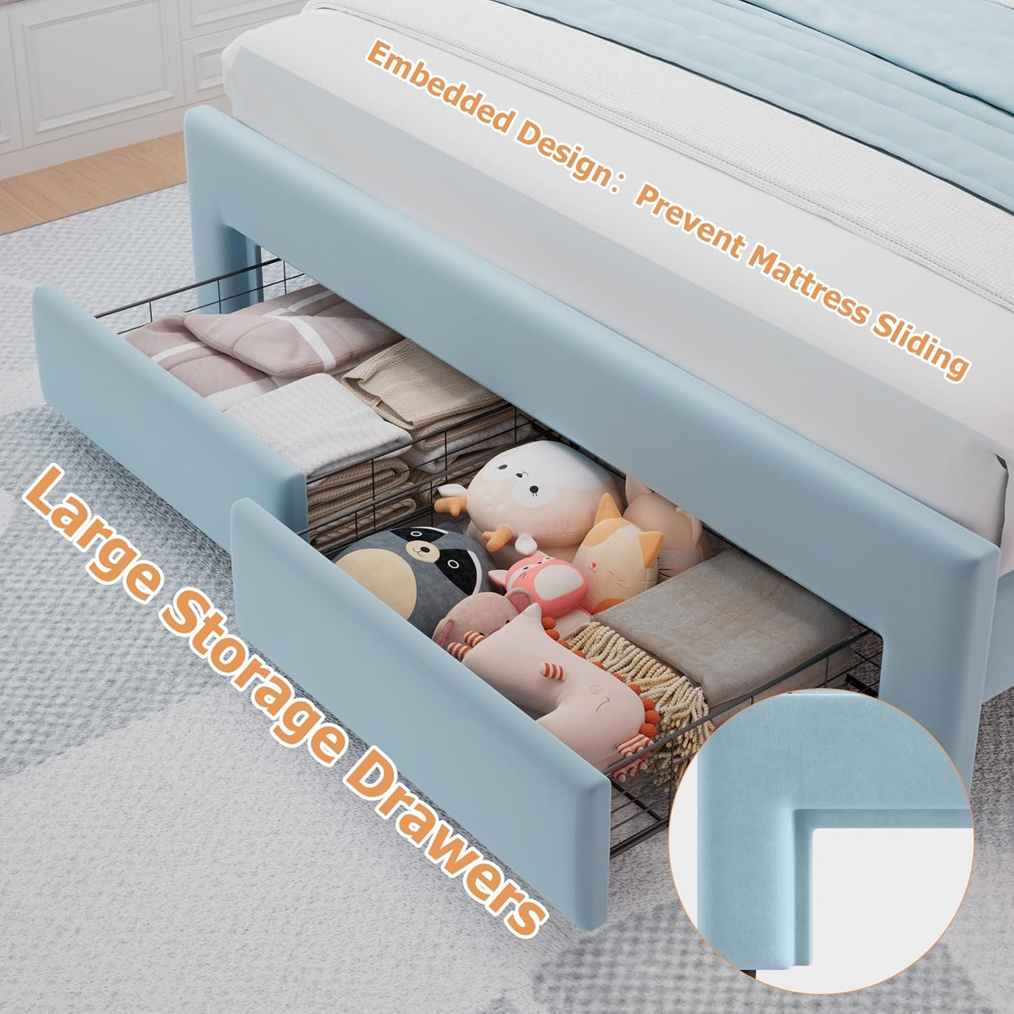 Queen Upholstered LED Bed Frame with 2 Storage Drawers and Adjustable Chic Double Wavy Headboard, Velvet Princess Platform Bed with Charing Station, Solid Wood Slats Support,No Box Spring Needed,Blue