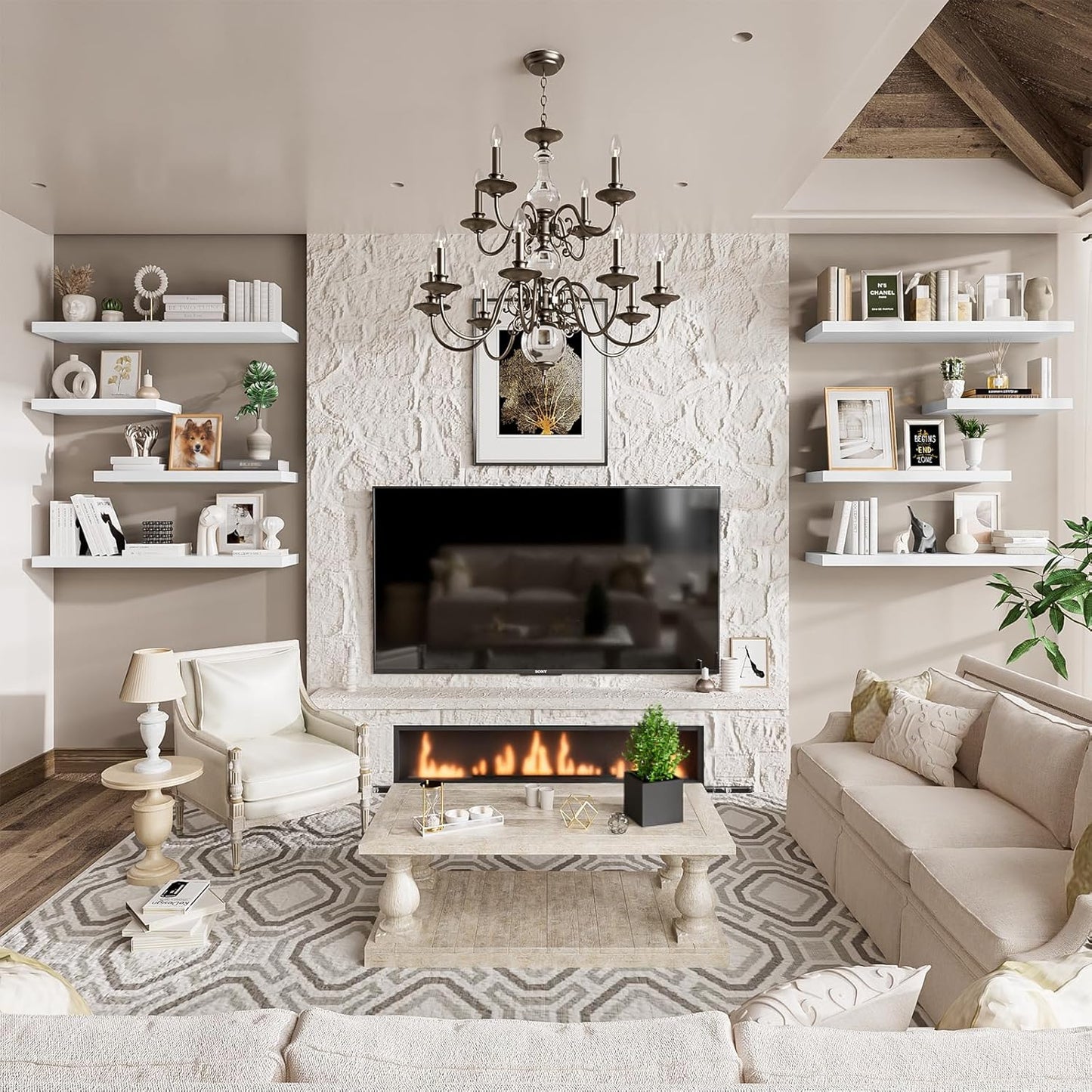 Heimlove 48W x 12D Long Floating Shelf, 12 Inch Deep White Floating Shelves for Wall Set of 2, Wood Shelves for Bedroom Living Room Bathroom Kitchen Home Office, Wall Shelves with Heavy Duty Bracket