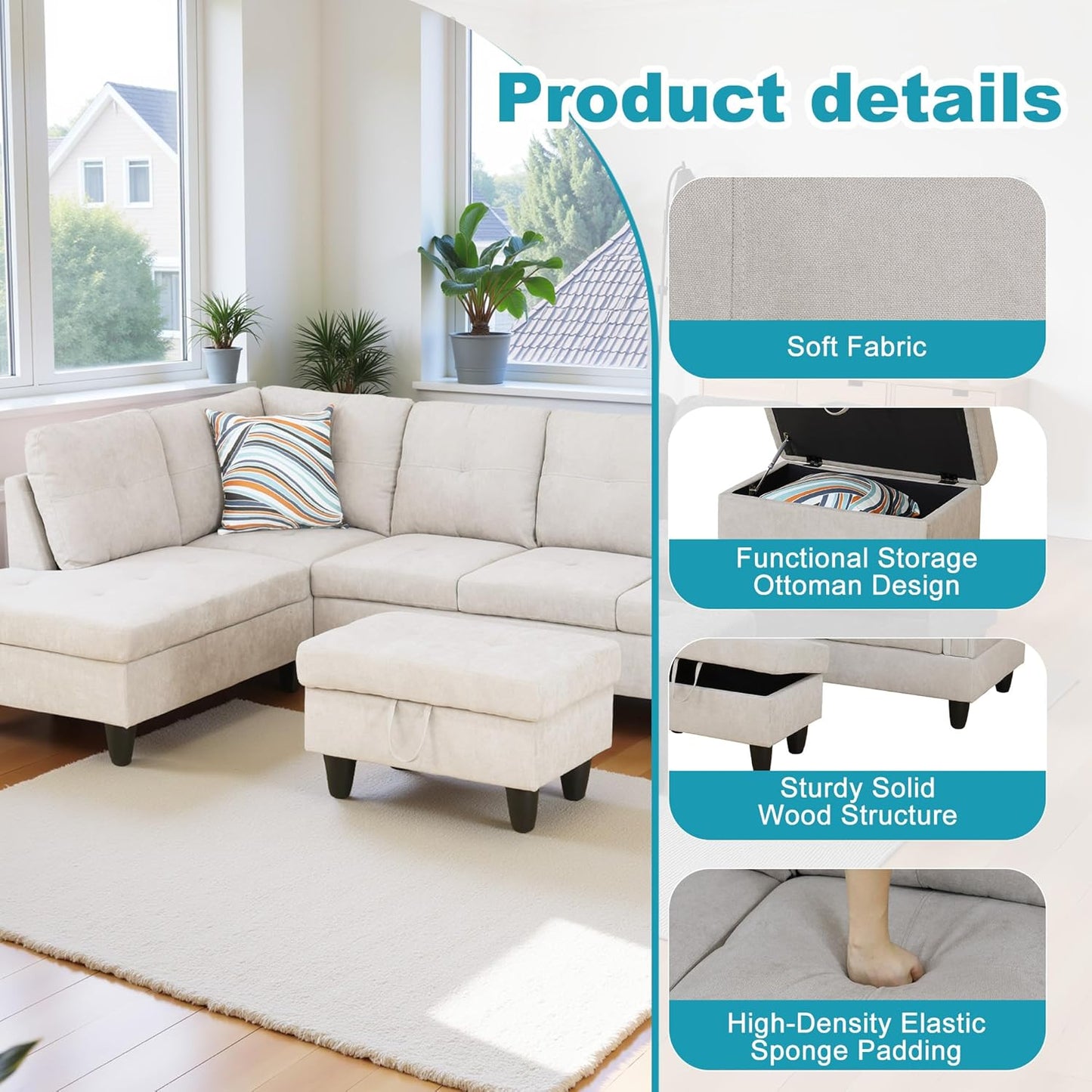 L Shaped Couch Modern Sectional Couch Upholstered Fluffy Fabric 3 Pieces Sofas for Living Room with Chaise, Storage Ottoman for Office and Small Apartment, Light Grey