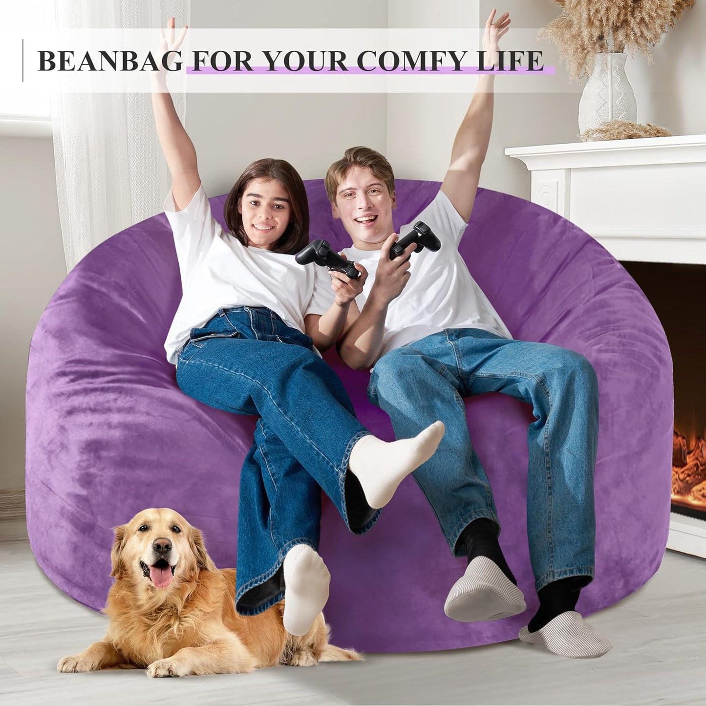 Homguava 5 FT Bean Bag Chair: 5' Bean Bags with Memory Foam Filled, Large Beanbag Chairs Soft Sofa with Dutch Velvet Cover-Purple