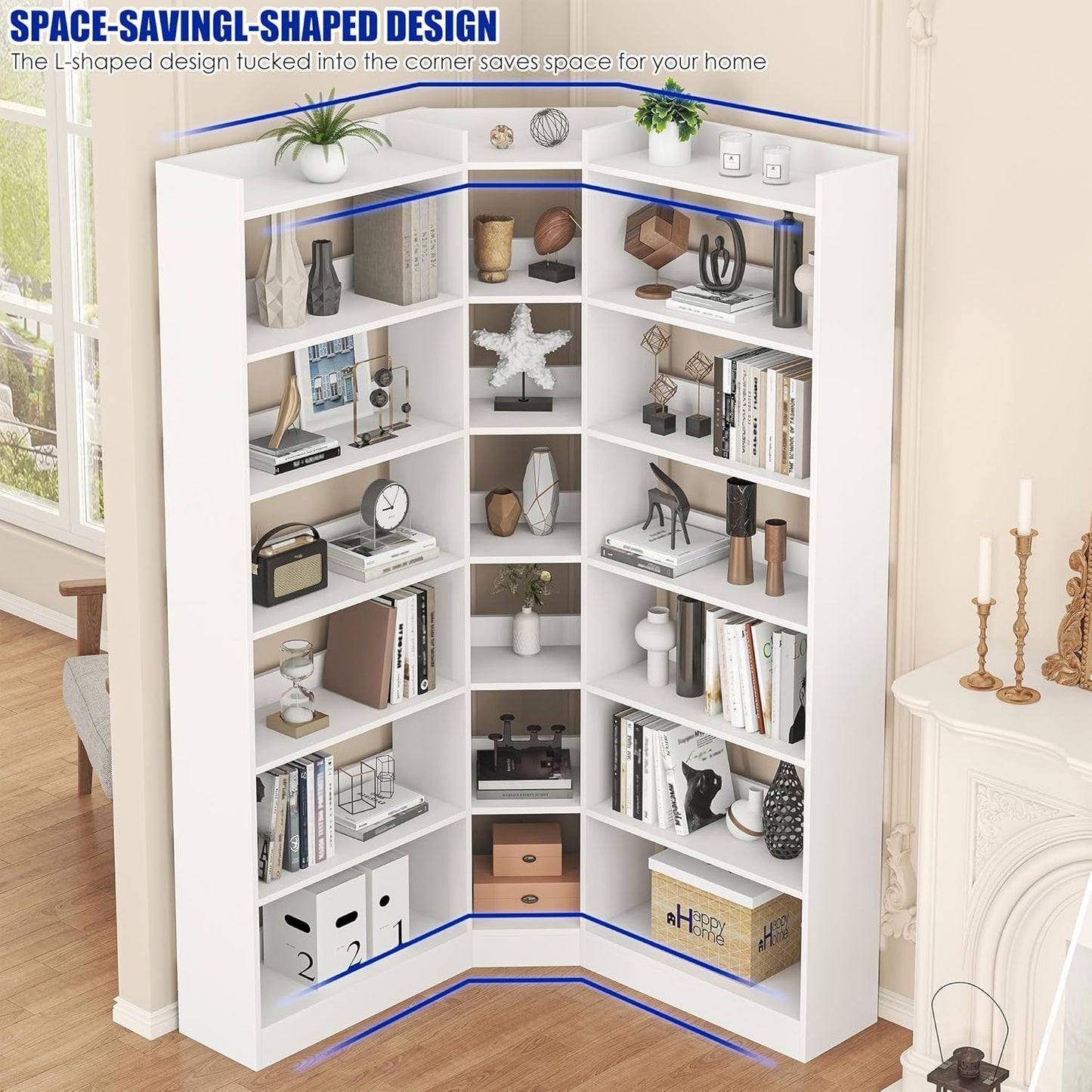 70.8" Tall Corner Bookshelf and Bookcases, 7 Tiers Morden Large Etagere Bookcases Storage Display Rack with Baffle, Industrial L Shaped Bookshelves for Bedroom, Home Office, Living Room, White