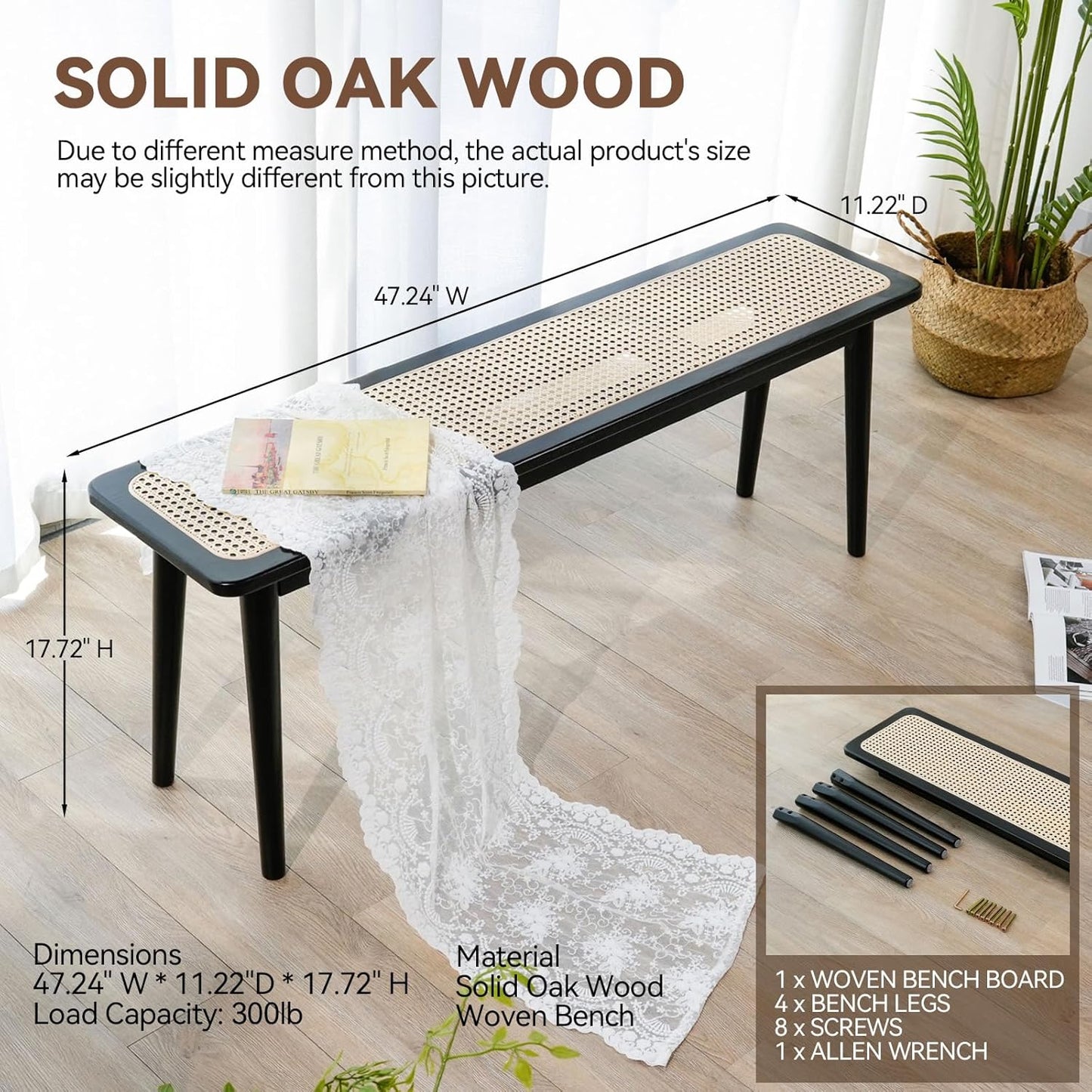 Entryway Bench, Solid Wood Kitchen Dining Bench, Mid Century Modern End of Bed Bench with Rattan Woven Top for Bedroom, Dining Room, Entry Way, 47.2" L x 11.2" W x 17.7" H, Black