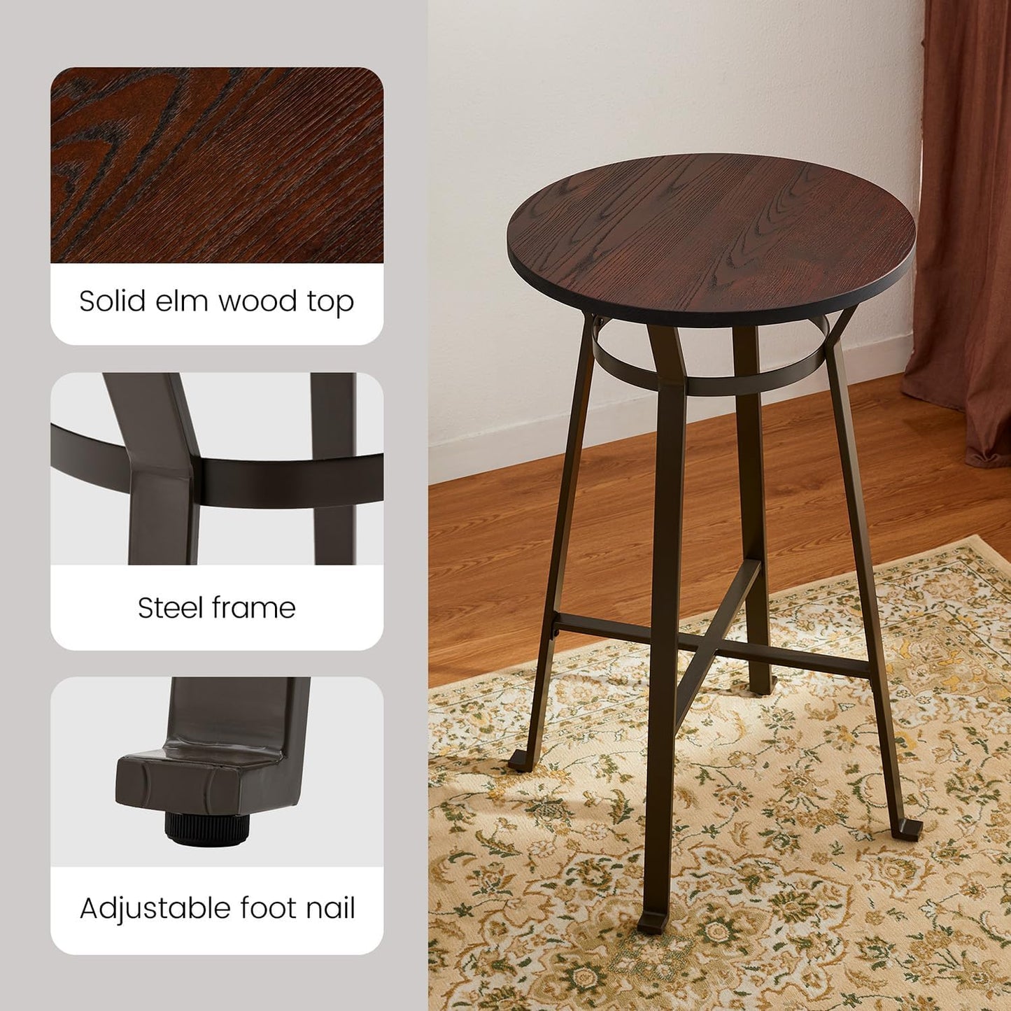 Glitzhome 41.25" H Rustic Steel Bar Table Round Solid Elm Wood Top Dining Room Pub Table Bistro Table