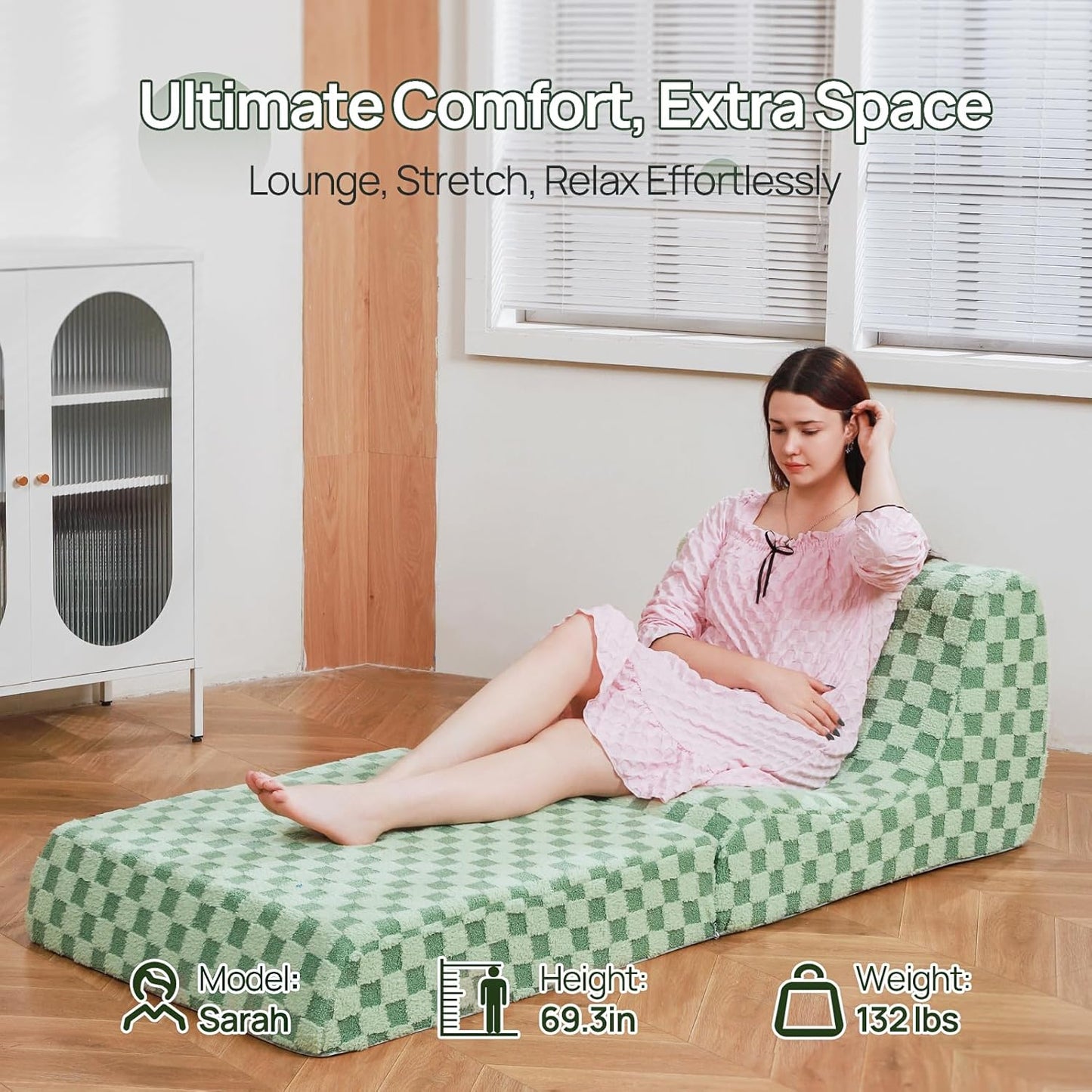 Bean Bag Chair with Checkerboard Shaker Fleece Fabric, Folding Sofa Bed, Floor Sleeper Lounge Chair, Lazy Sofa for Living Room, Bedroom, Apartments (Mint Green)