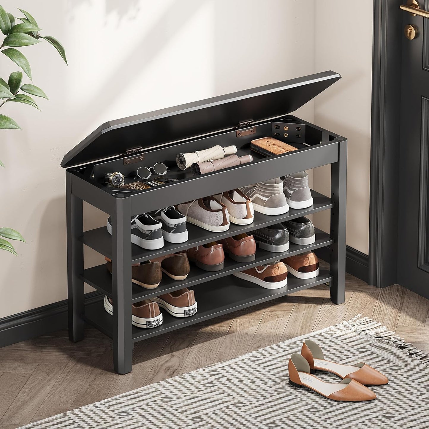 Shoe Rack Bench Seat Rubberwood 3-Tier Wooden Storage Bench 550lbs Compact Mid-Century Modern Design for Entryway, Hallway, Closet, Front Door Entrance, Foyer