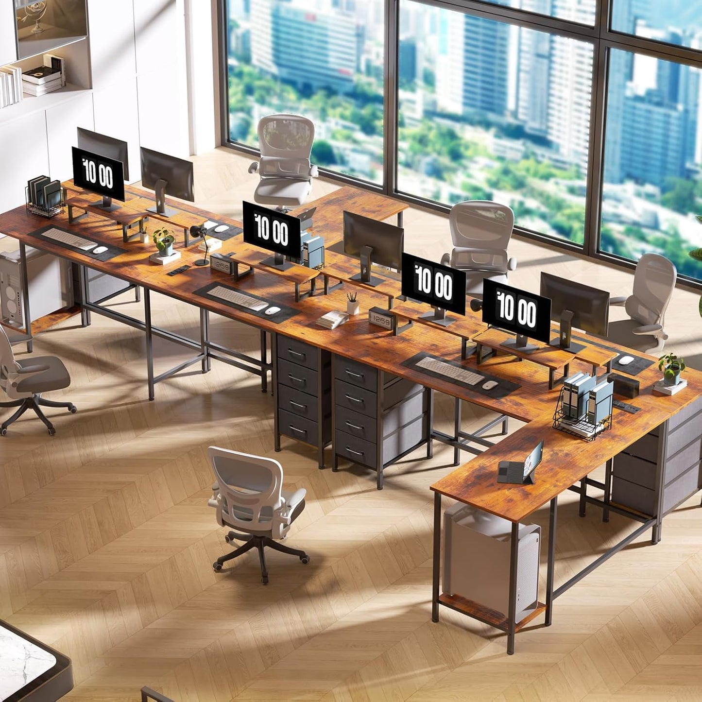 59 inch L Shaped Computer Desk with Power Outlets, Home Office Desk with 4 Adjustable Storage Drawers & 2 Monitor Stands, Two Person Gaming Table for Bedroom, Rustic Brown