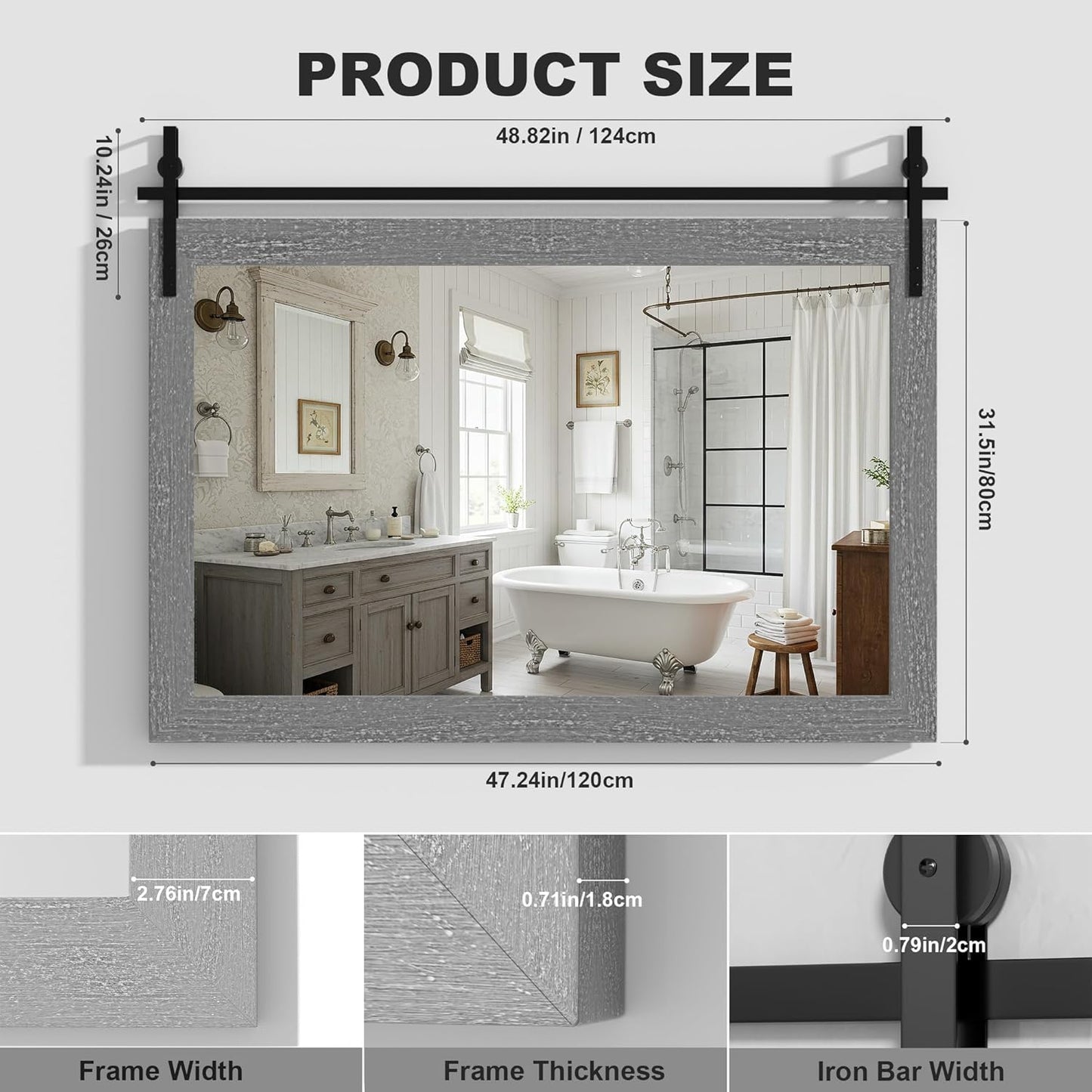 Hasipu Farmhouse Bathroom Mirror, 48"x32" Rustic Wood Framed Wall Mounted Mirror, Gray Vintage Vanity Mirror Barn Door Style Decrative Mirrors