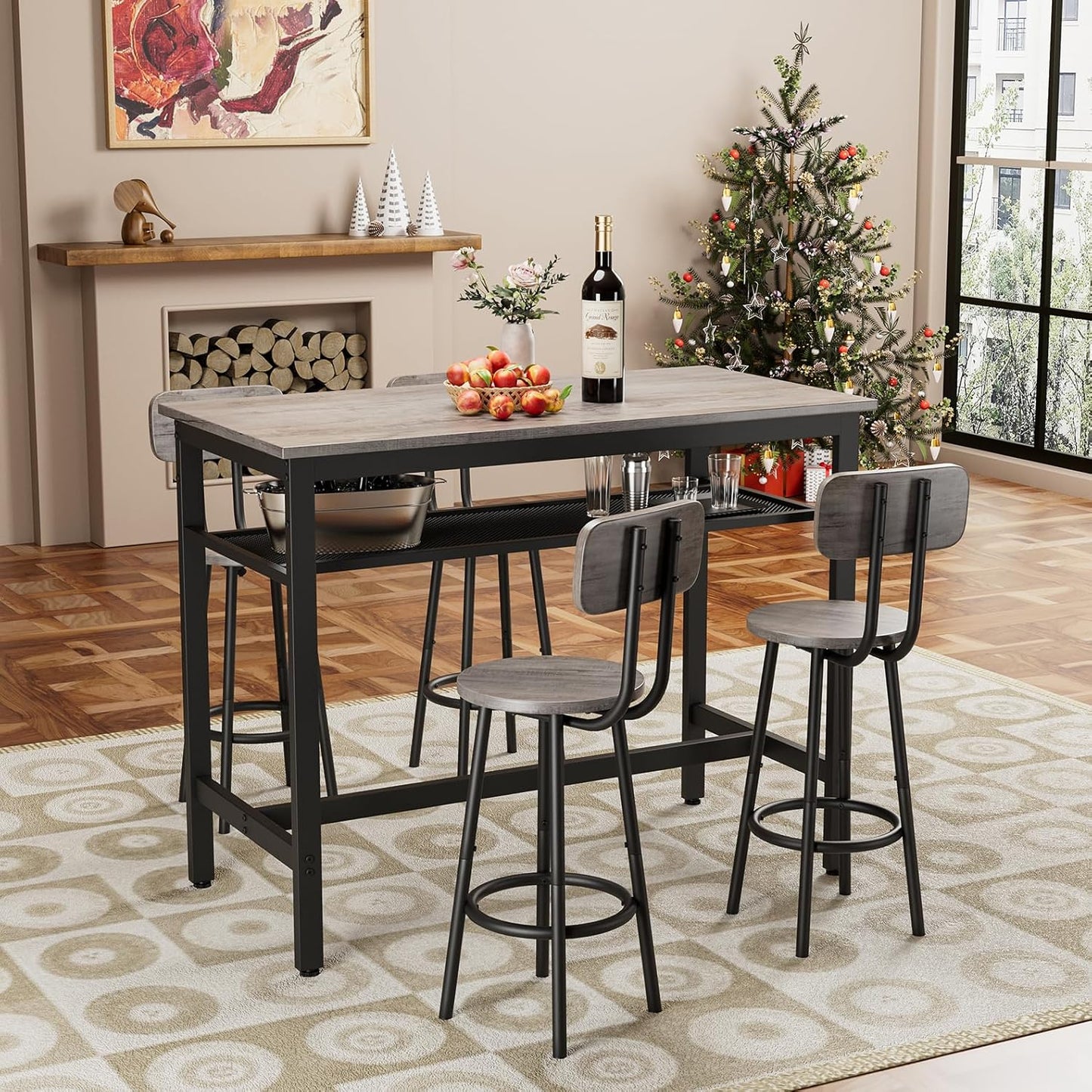 5-Piece Bar Table and Chairs Set, 43.3'' Pub Table Set Modern Small Table and Chairs Set of 4 for Breakfast Nook Living Room Small Space Restaurant, Grey
