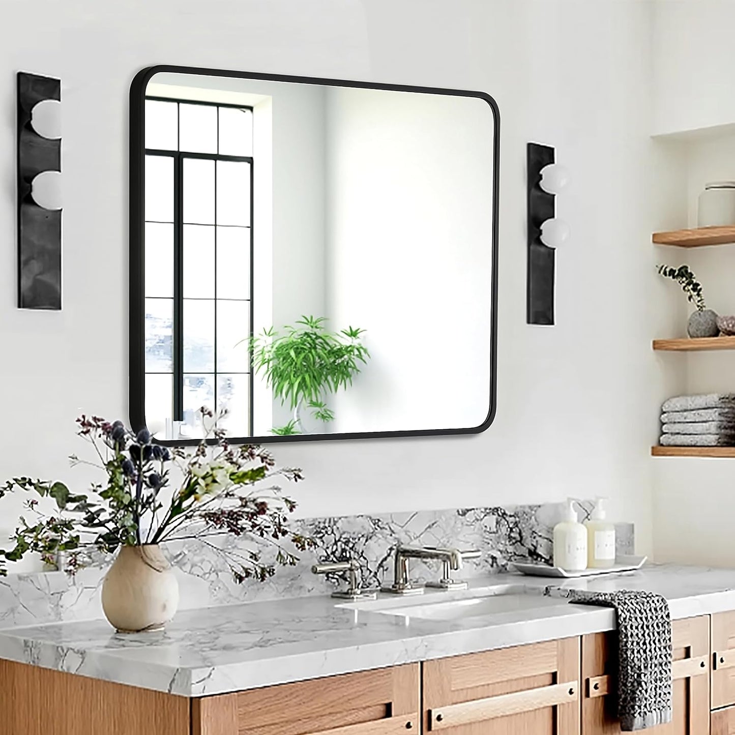 24x32 Inch Rectangle Bathroom Mirror with Black Metal Frame, Rounded Corner Rectangular Vanity Mirror for Wall, Modern Large for Bedroom, Living Room, Horizontal or Vertical