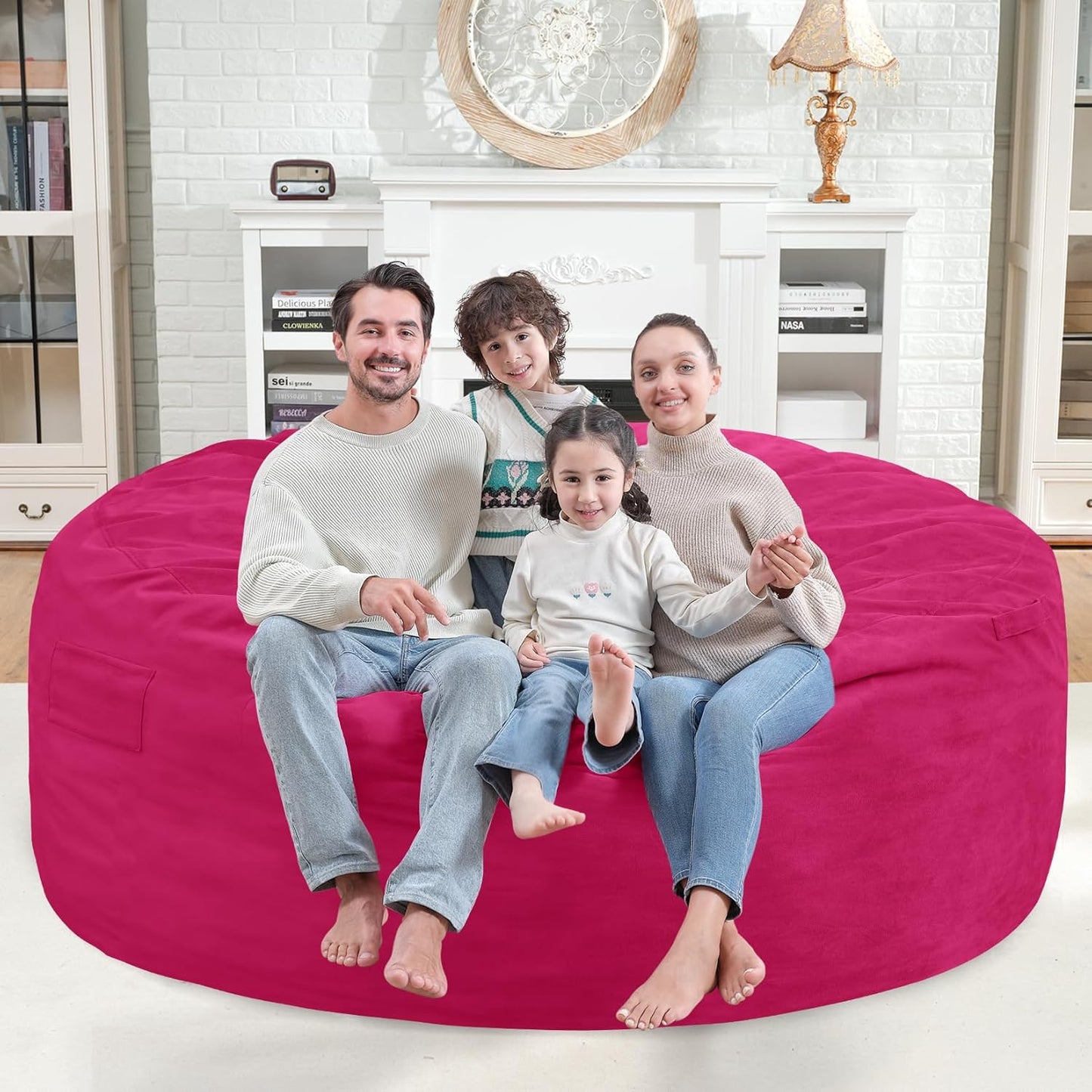 6FT Bean Bag Chair, Large Bean Bag Chairs with Memory Foam Filled, Fluffy Beanbag Sofa with Dutch Velvet Cover, Round BeanBag Chairs for Living Room, Playroom - Pink
