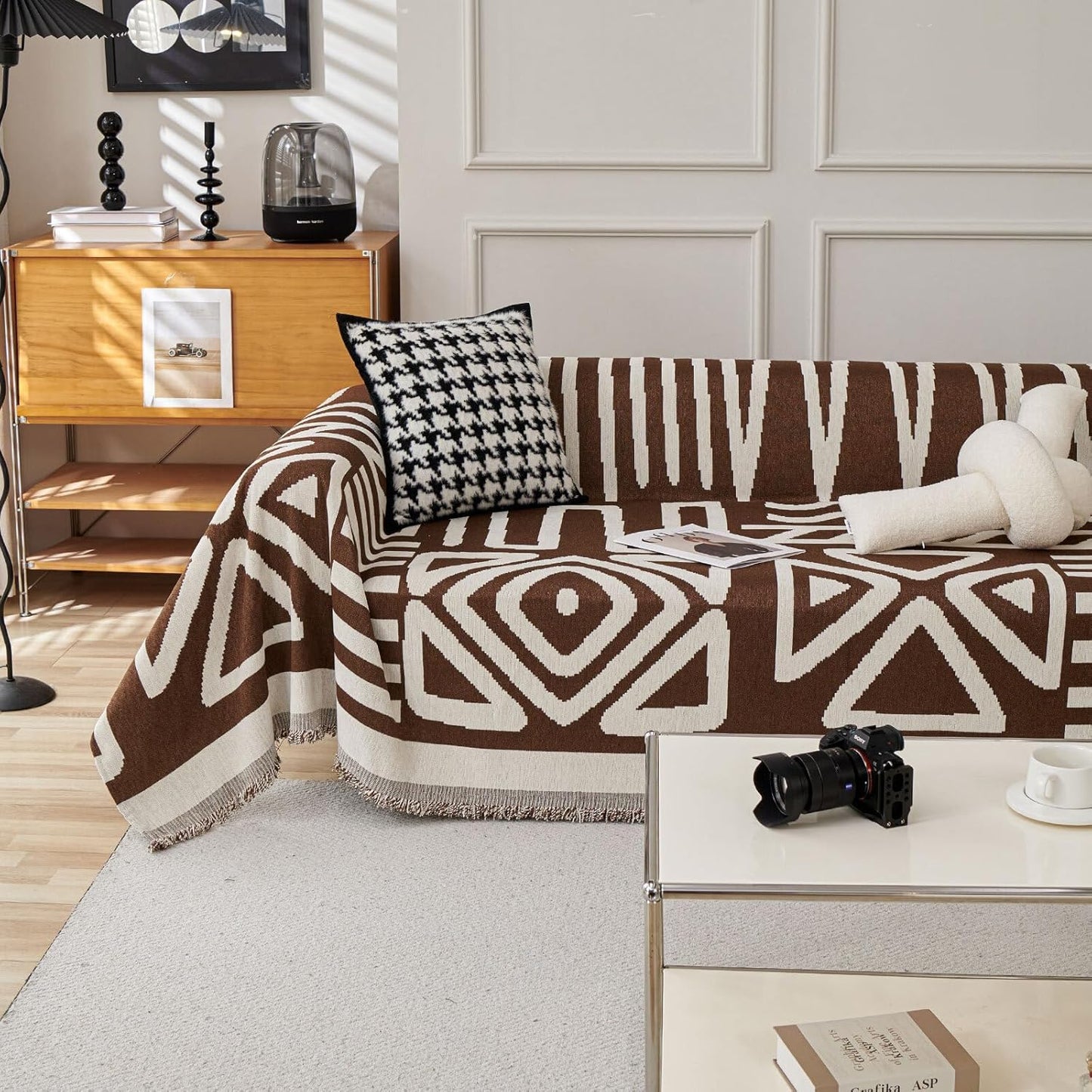 HANDONTIME Chocolate Boho Couch Cover Reversible Sofa Covers for 3 Cushion Couch Washable Sofa Cover for Dogs Boho Couches Covers Chenille Couch Protector Couch Covers for Sofa, 71" X118"