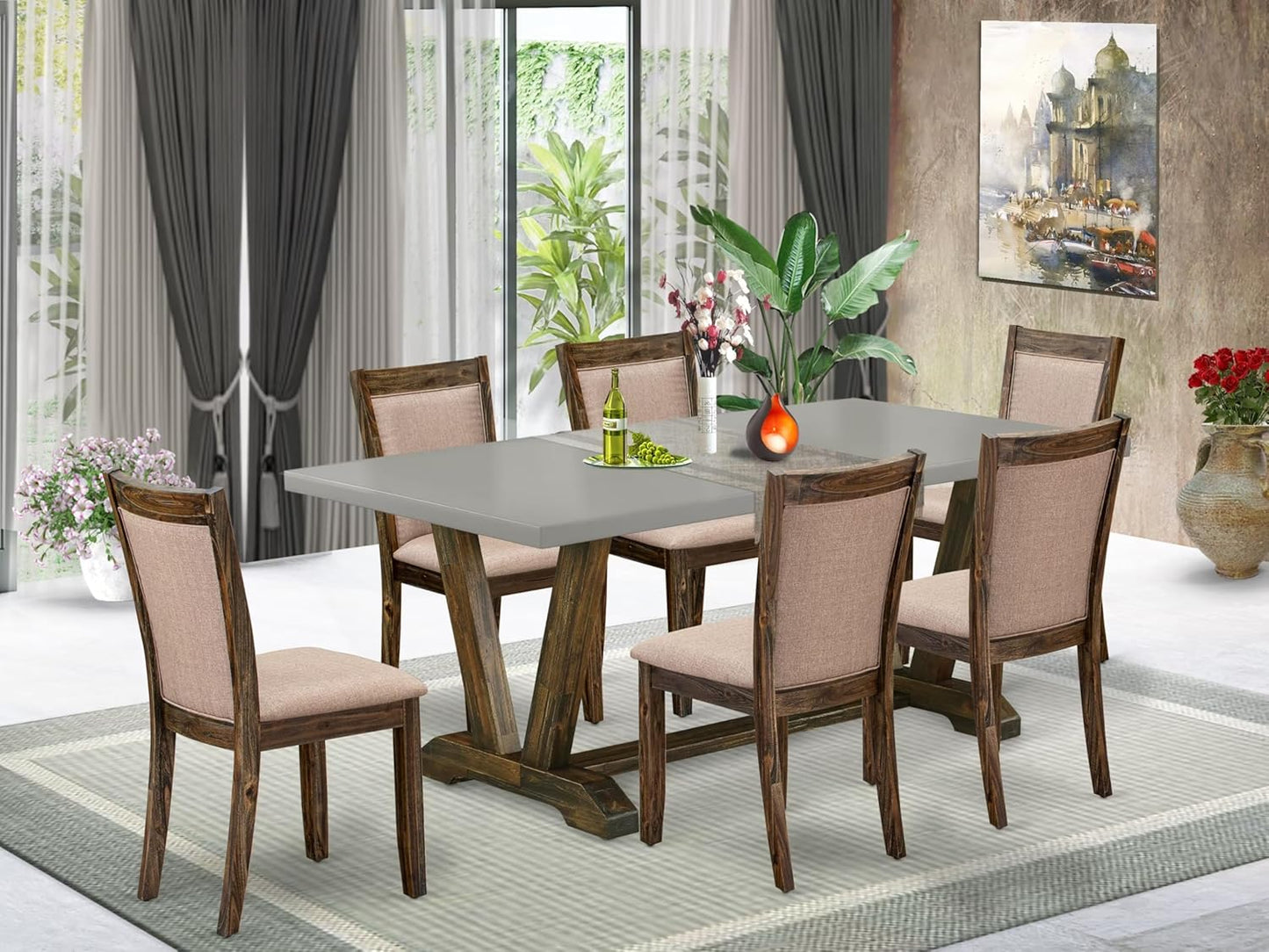 East West Furniture V797MZ716-7 7 Piece Dining Table Set Consist of a Rectangle Kitchen Table with V-Legs and 6 Dark Khaki Linen Fabric Parson Dining Chairs, 40x72 Inch, Multi-Color