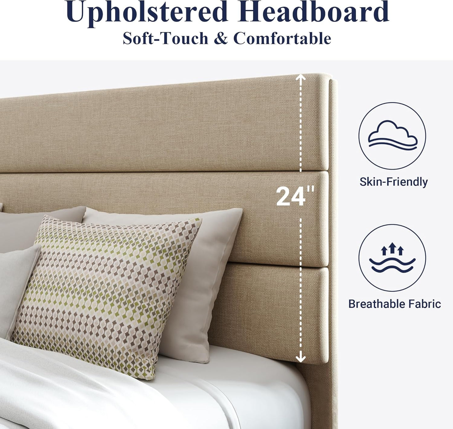 Allewie King Size Platform Bed Frame with Fabric Upholstered Headboard and Wooden Slats Support, Fully Upholstered Mattress Foundation/No Box Spring Needed/Easy Assembly, Beige