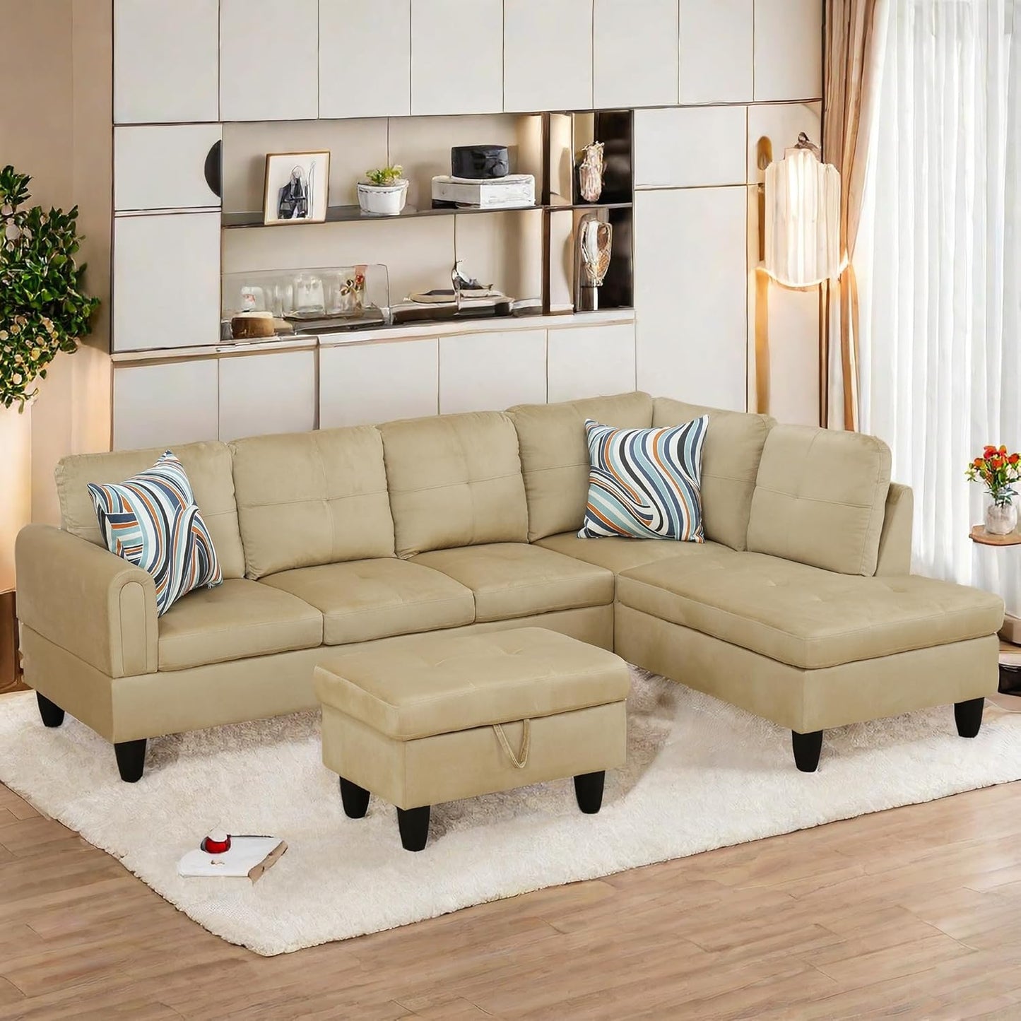 L Shaped Sectional Sofa with Ottoman, Modern Couches for Living Room, Microfiber Facing, Bedroom, Office
