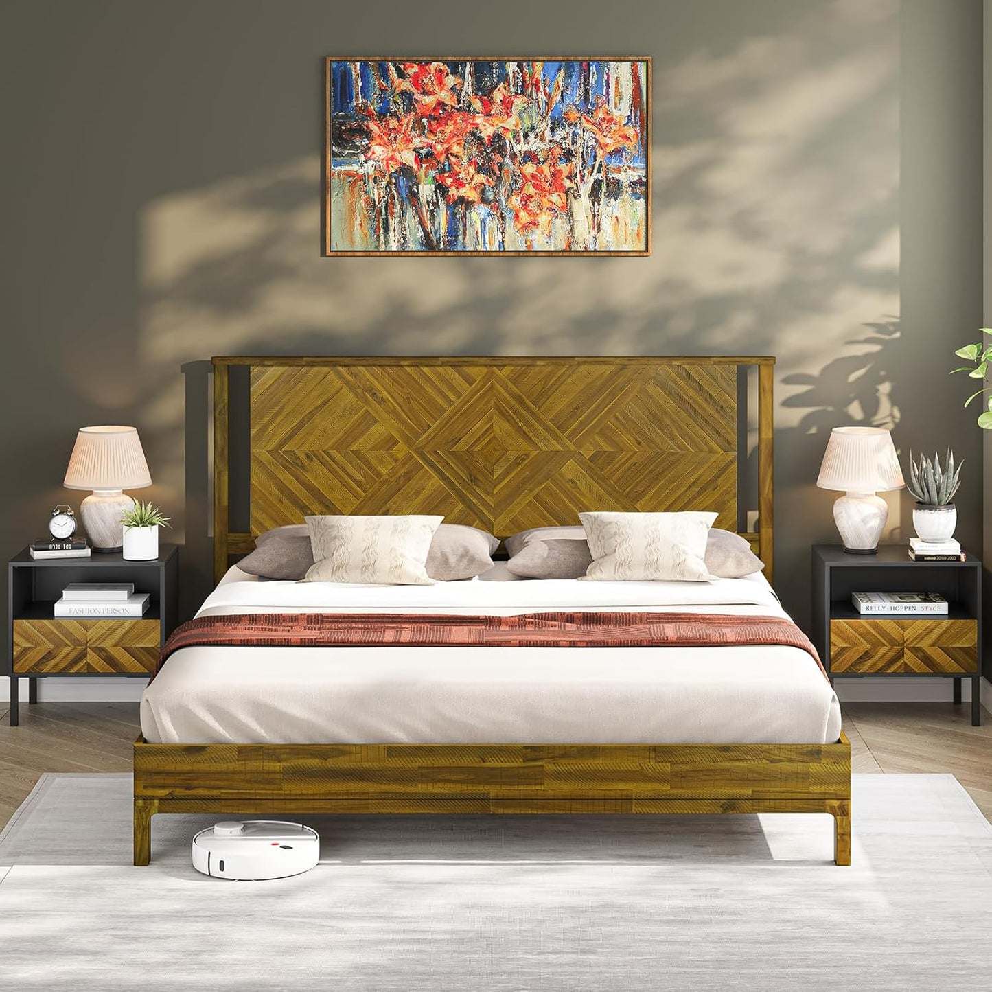 Bme Ethan Solid Wood King Bed Frame with Diamond Headboard - Rustic & Mid-century Modern - Acacia Wood Platform Bed - Compatible with All Mattresses - No Box Spring Needed - Rustic Dark Brown