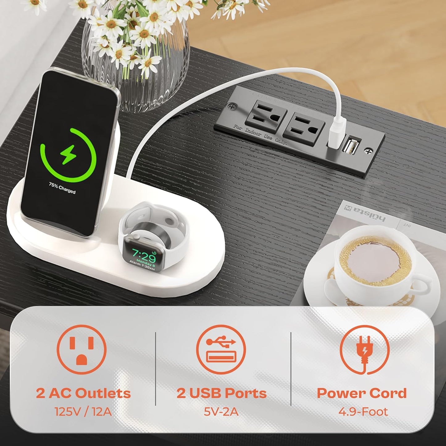 SUPERJARE Nightstand Set of 2, Bed Side Tables with Charging Station, Adjustable Fabric Drawer, Night Stand for Bedroom, 3-Tier Storage End Tables, Black