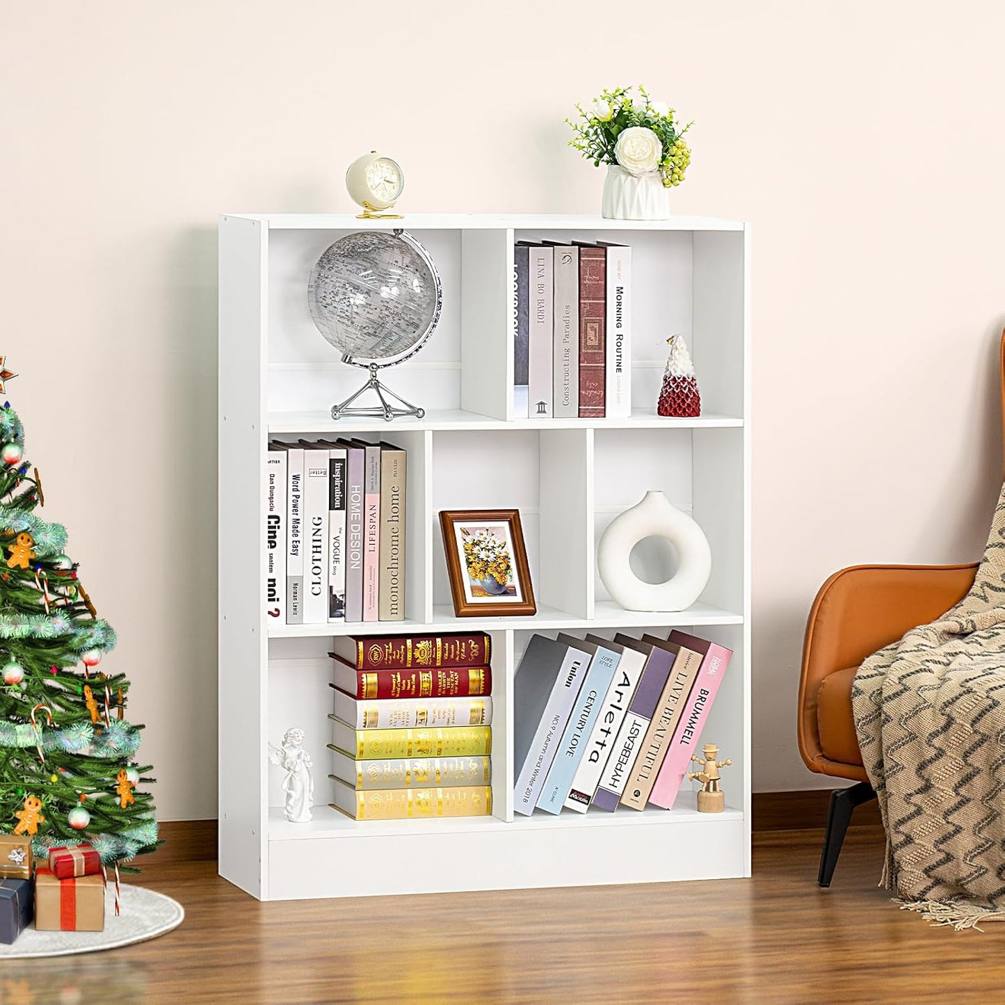 YAHARBO White 7 Cube Bookshelf,3 Tier Modern Horizontal Bookcase,Wooden Low Book Shelf Display Storage Cabinet with Base,Floor Standing Short Bookshelves Open Organizer for Bedroom,Living Room,Office