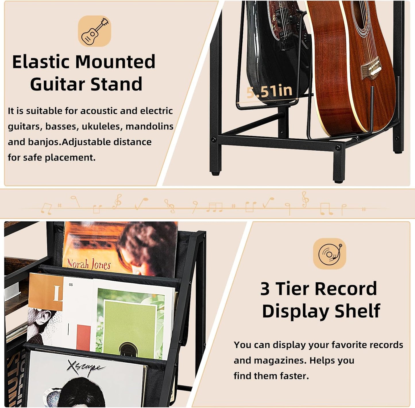 LELELINKY Record Player Table,Adjustable Guitar Stand for Acoustic Guitar, Electric Guitar, Bass, White Turntable Holder with Vinyl Storage Up to 150 Albums, Side Table with Magazine Periodical Rack