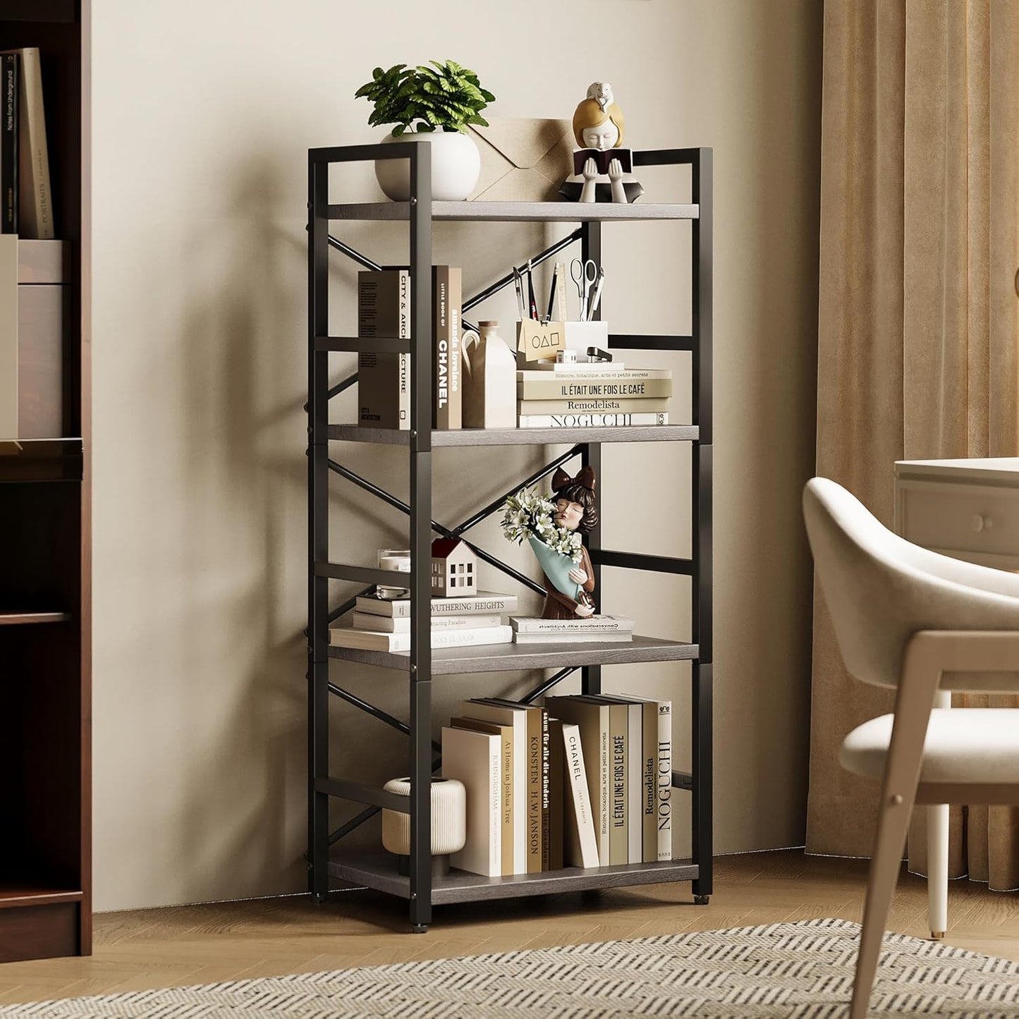 Homeiju Grey Bookshelf, 4 Tier Small Bookcase for CD/Movie/Book, Book Shelf Organization and Storage for Bedroom, Kid's Room, and Home Furniture (Grey)