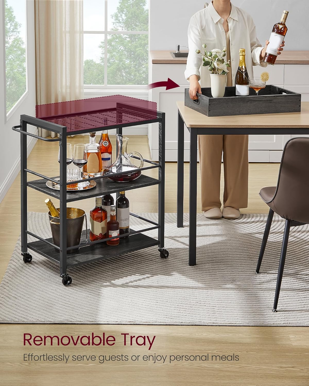 VASAGLE Kitchen Serving Cart with Removable Tray, 3-Tier Kitchen Utility Cart on Wheels with Storage, with Brakes, Leveling Feet, 15.7 x 28.3 x 33.9 Inches, Charcoal Gray and Black ULRC072B04