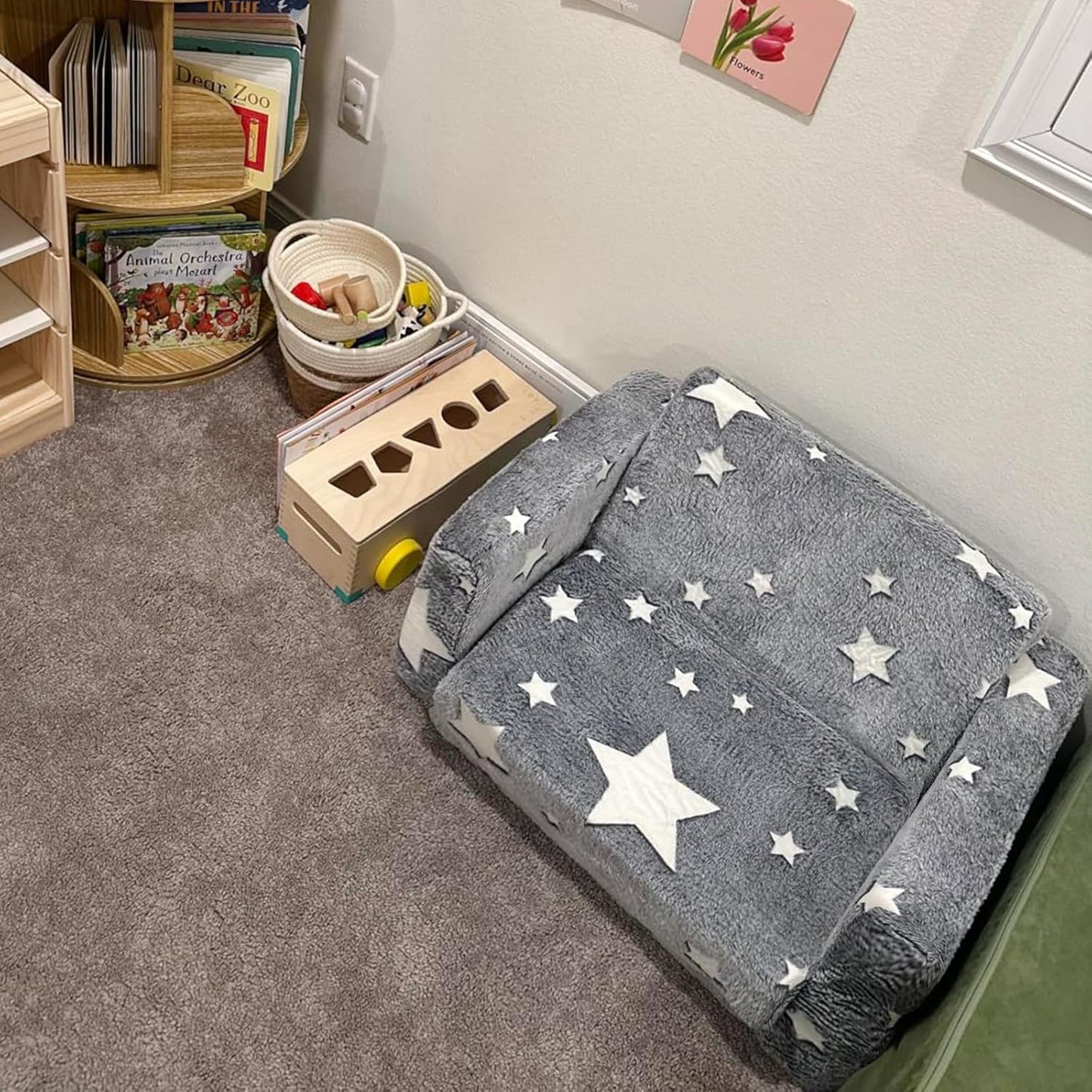 Tiita Kids Chair Couch, Folding Toddler Comfy Sofa Chairs, 2-in-1 Kids Plush Sofa Fold Out, Baby Armrest Chair Sofa to Lounger, Convertible Play Sofas to Bed for Girl or Boy, Grey Star