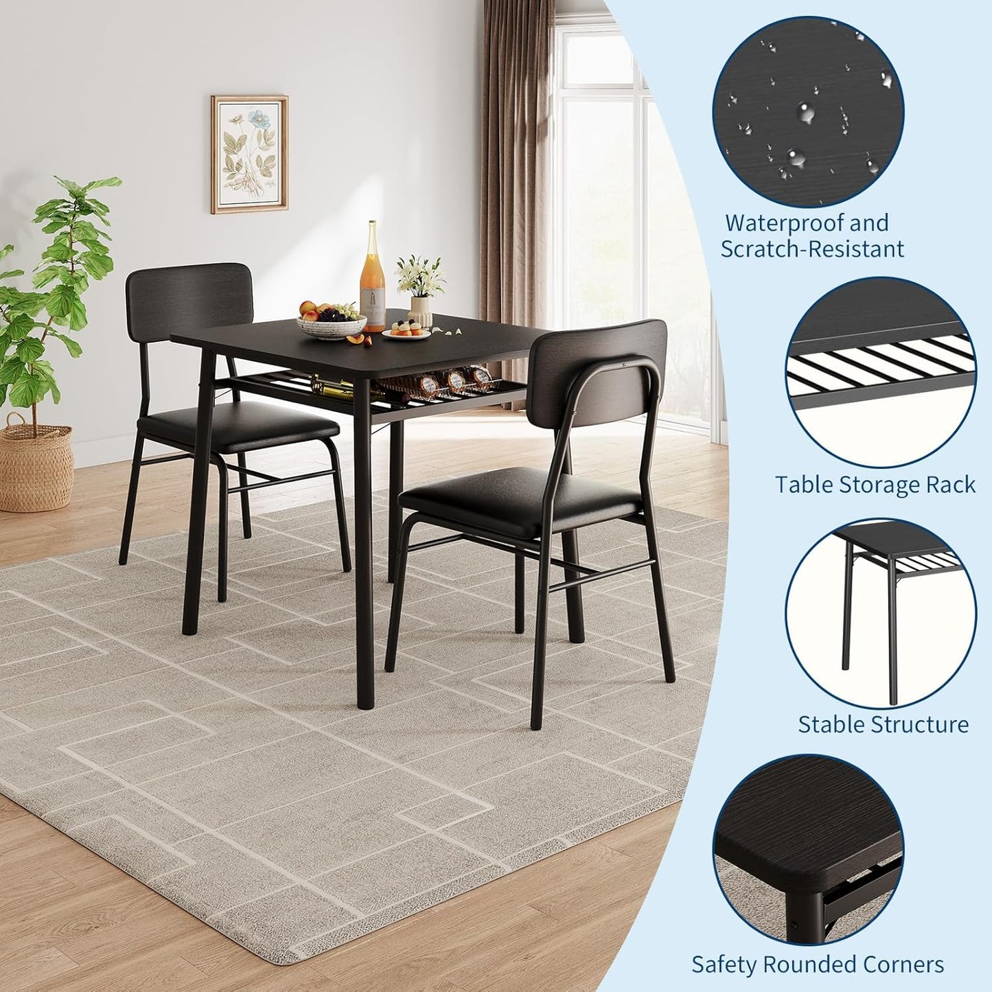 IDEALHOUSE 3-Piece Dining Table Set for 2 with Storage Rack, Wood Kitchen Table with Upholstered Chairs Set of 2, Small Square Table Set with Metal Legs Support, for Dining Room, Living Room