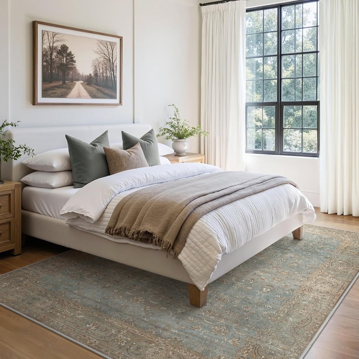 8X10 Area Rugs Machine Washable Rugs for Living Room, Vintage Boho Large Rugs for Bedroom Dining Room, Non Slip Indoor Soft Distressed Lightweight Thin Low Pile Carpet, Weathered Teal