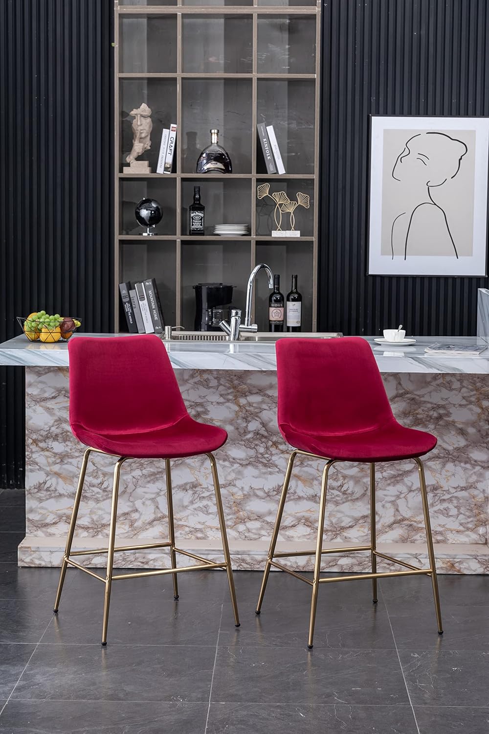 Roundhill Furniture Aufurr Modern Velvet 26.50 Counter Height Stools, Set of 2, Red