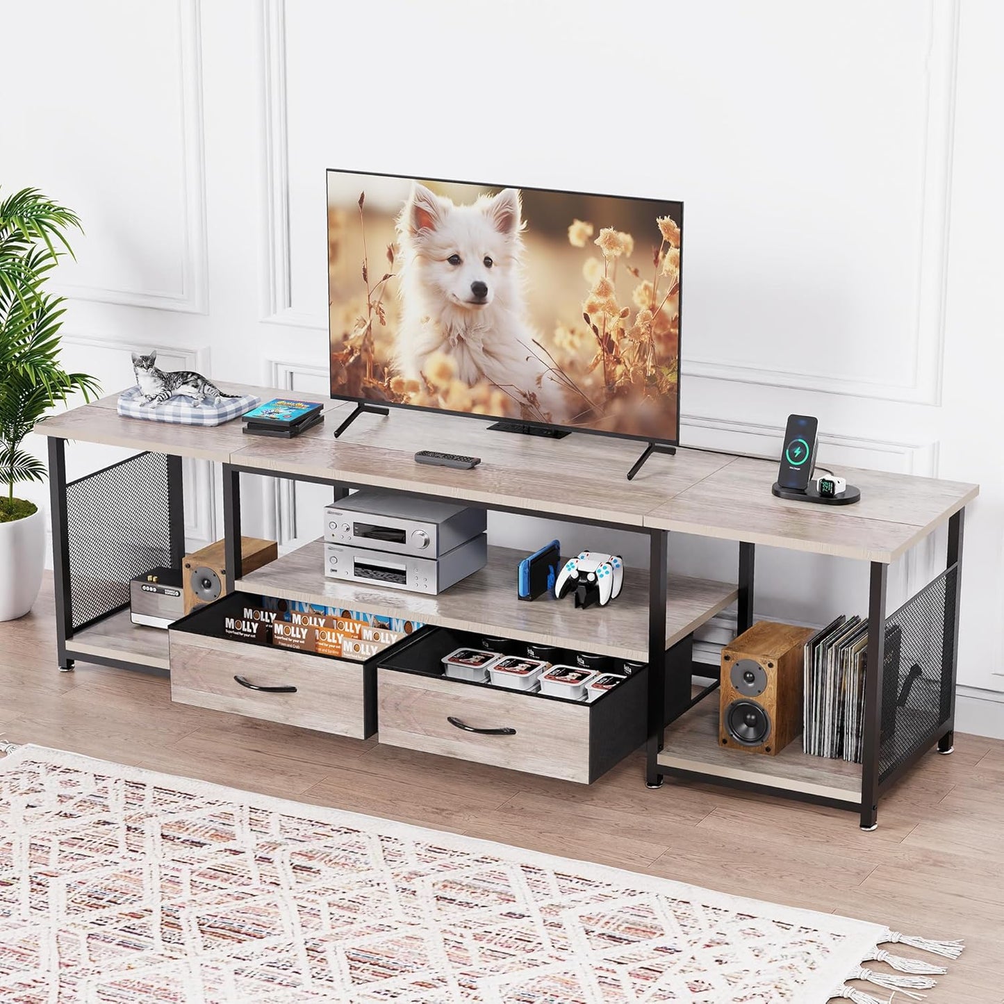 TV Stand with Drawers and Power Outlets for 75 70 65 Inch TV, Entertainment Center with Open Storage Shelves, Media Industrial TV Console Table for Living Room Bedroom Office, Greige