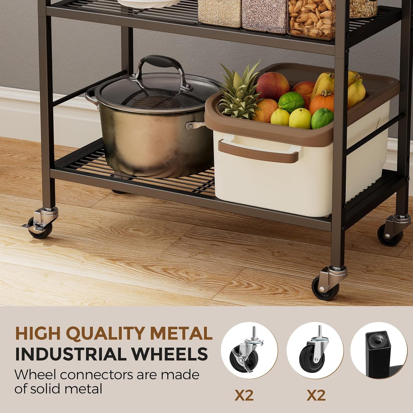 3-Tier Metal Storage Rack with Industrial Wheels,Mesh Shelving Unit with Wooden Table top,Adjustable Shelf,23.6-Inch Width,for Kitchen,Laundry,Pantry,Plant,Black