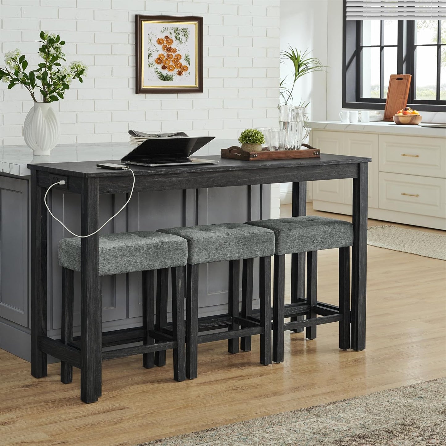 Ball & Cast 4 Piece Kitchen Dining Room Table and Chairs Set, Farmhouse Wooden Counter Height Bar-Sets w/USB Ports & Power Outlet & 3pcs Stools, 59" Sofa-Table Barstool w/Charging Station, Black