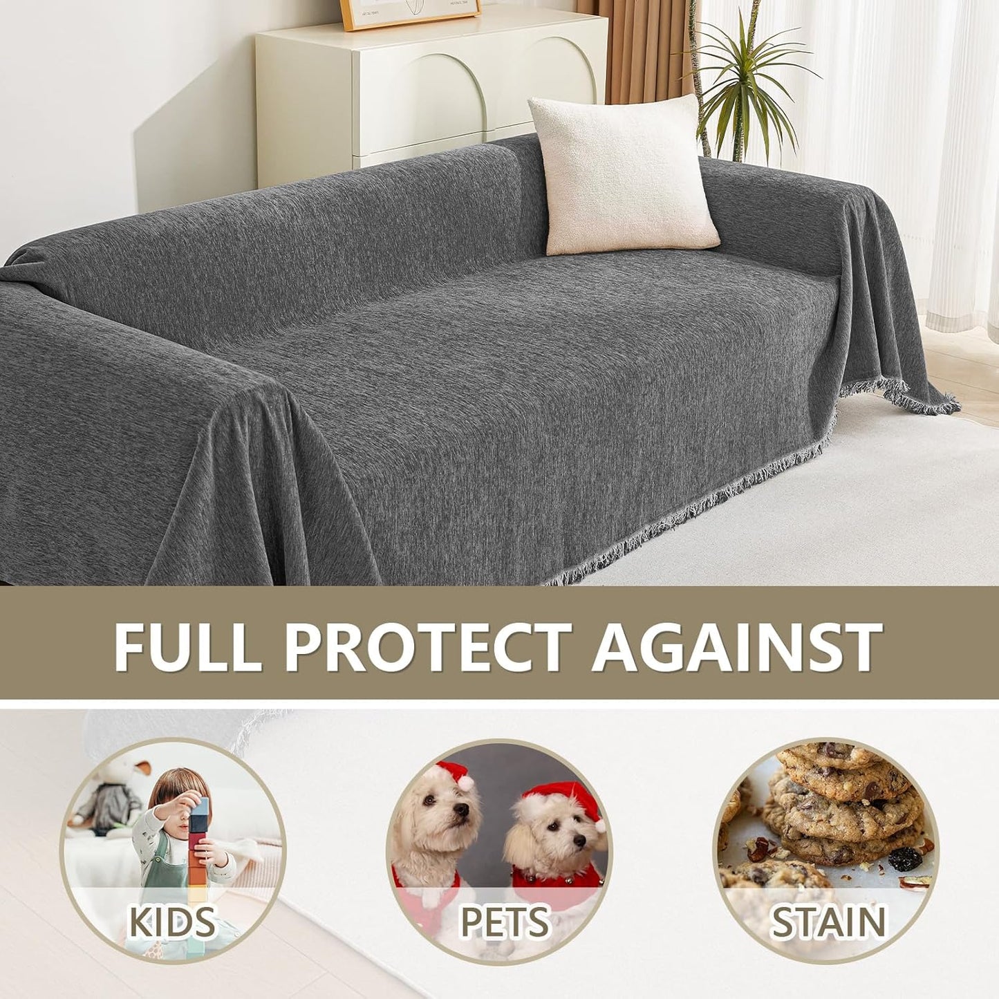 MYSKY HOME Couch Covers for 3 Cushion Couch Sofa, Sectional Couch Cover L Shape Chenille Couch Cushion Covers for Pets, Furniture Protector Cover for Dogs, Kids, 91"X150", Charcoal Gray