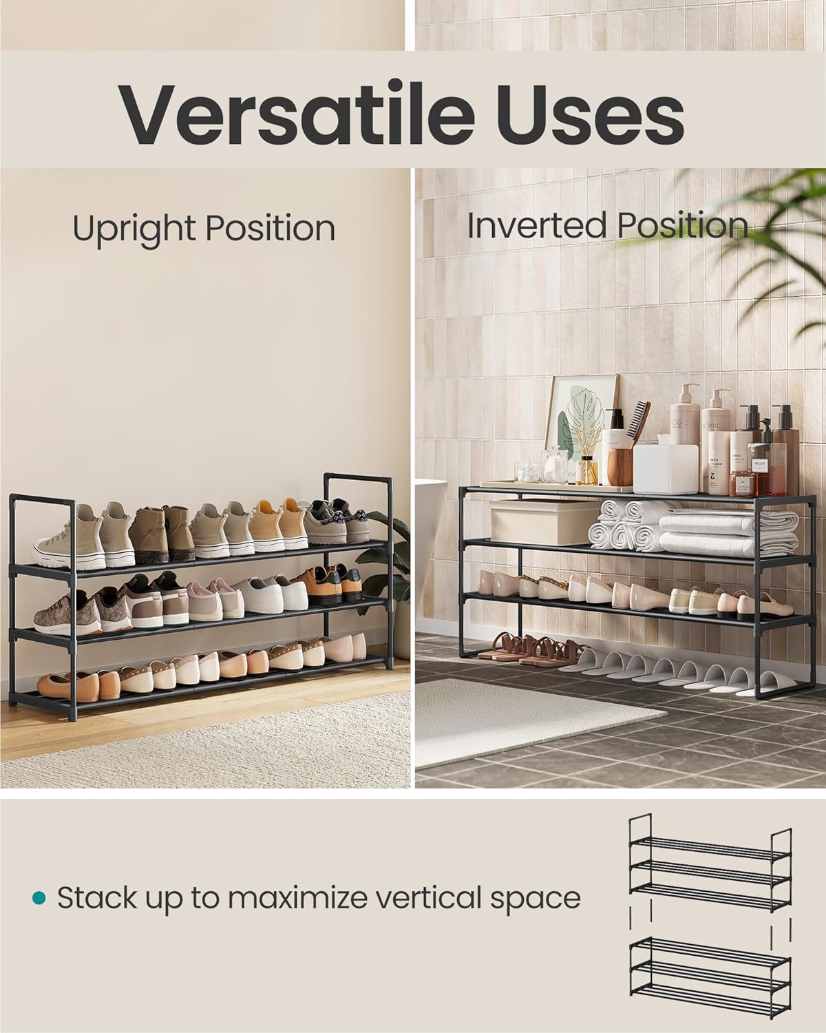 SONGMICS Shoe Rack, 3-Tier Shoe Organizer, Metal Storage Shelf, Upright or Upside Down, for 20-24 Pairs, Stackable, for Entryway, 11.8 x 46.1 x 21.7 Inches, Black ULSA033B01