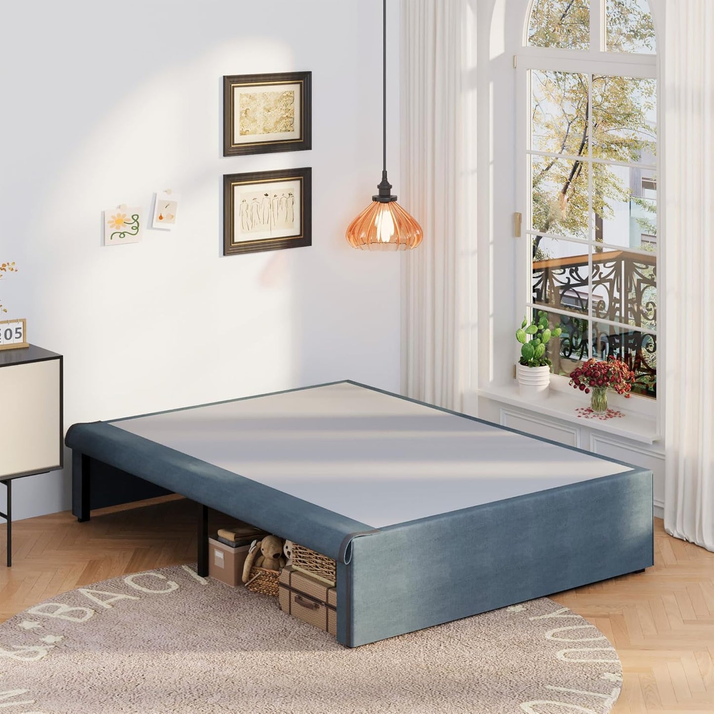 16 Inch Bed Frame Queen Size with Fabric Cover, Metal Platform Queen Bed Frame with Storage No Box Spring Needed, Heavy Duty Non-Slip, Easy Assembly Mattress Foundation