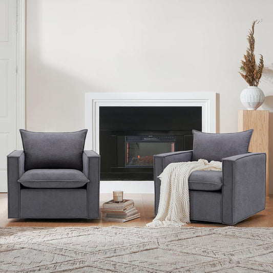 COLAMY Swivel Accent Chair Set of 2, 34 Inches Wide Upholstered Arm Chair with Plump Back Pillow, Modern Sofa Living Room Chair for Bedroom, Corner, Reading Nook-Grey