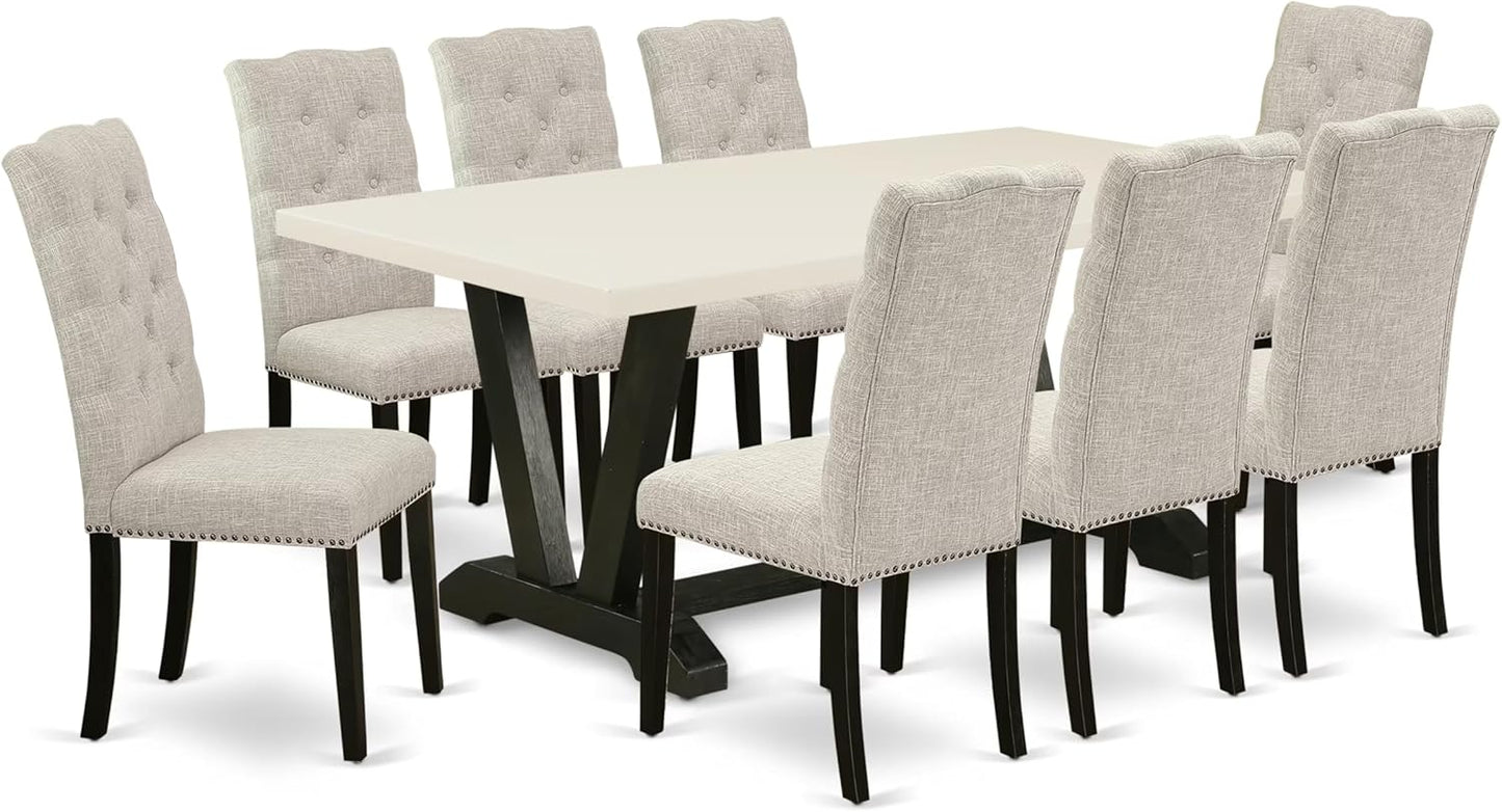 East West Furniture V627EL635-9 9 Piece Dining Table Set Includes a Rectangle Kitchen Table with V-Legs and 8 Doeskin Linen Fabric Parson Dining Room Chairs, 40x72 Inch, Multi-Color